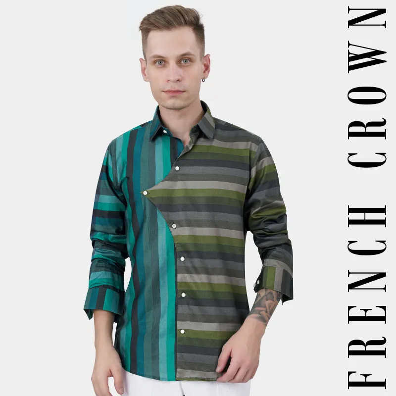 Cactus Green and Genoa Blue Striped Subtle Sheen Super Soft Premium Cotton Designer Shirt sold by French Crown