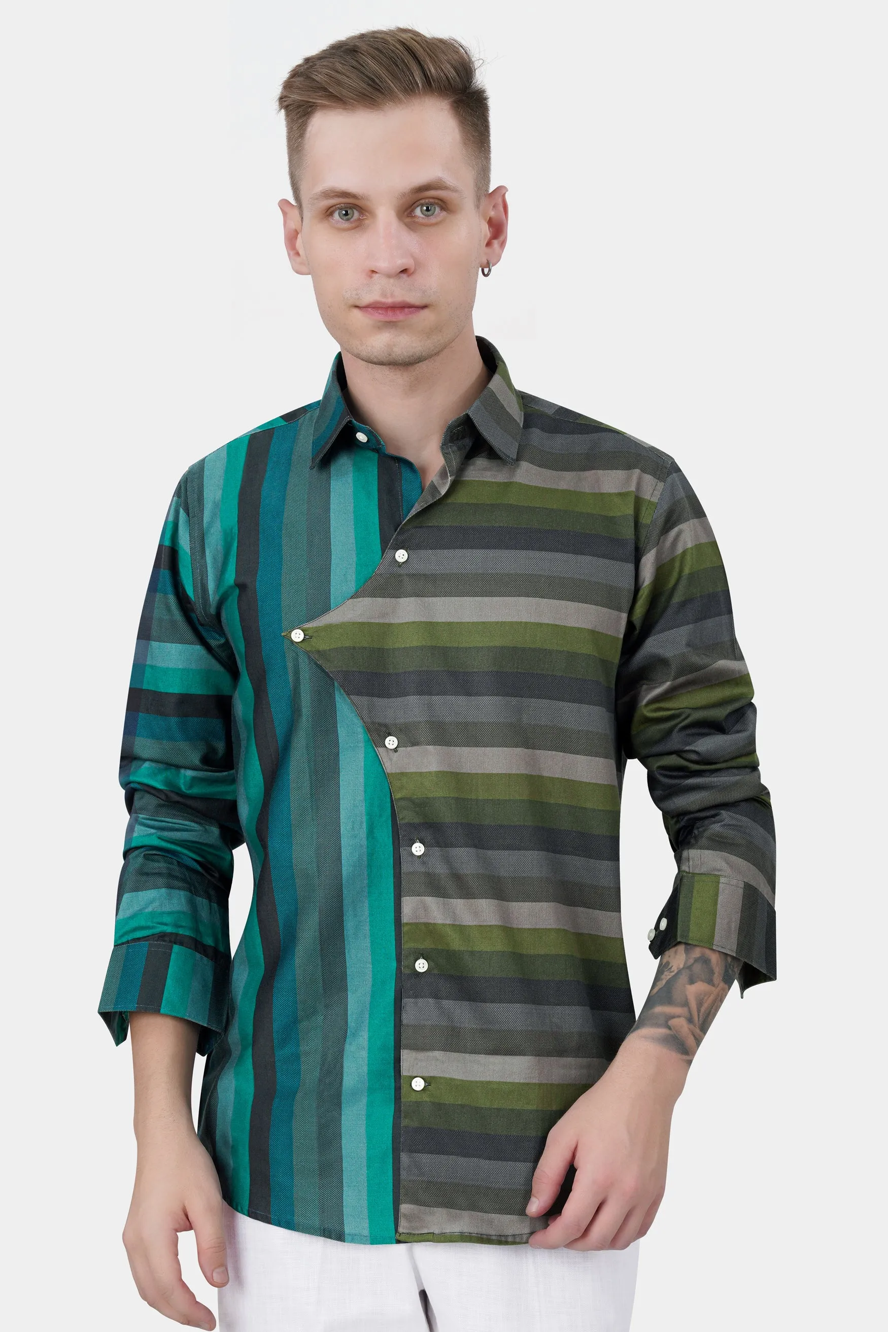 Cactus Green and Genoa Blue Striped Subtle Sheen Super Soft Premium Cotton Designer Shirt sold by French Crown product image thumbnail 2