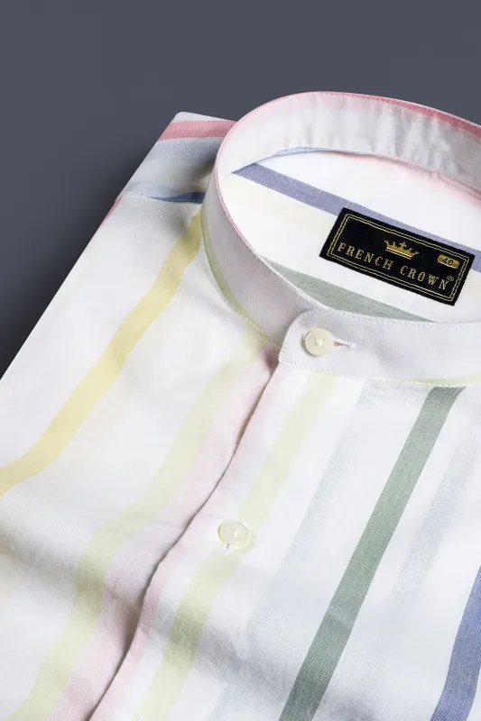 Bright White with Nevada Green and Yonder Blue Multicolour Striped Premium Cotton Shirt sold by French Crown