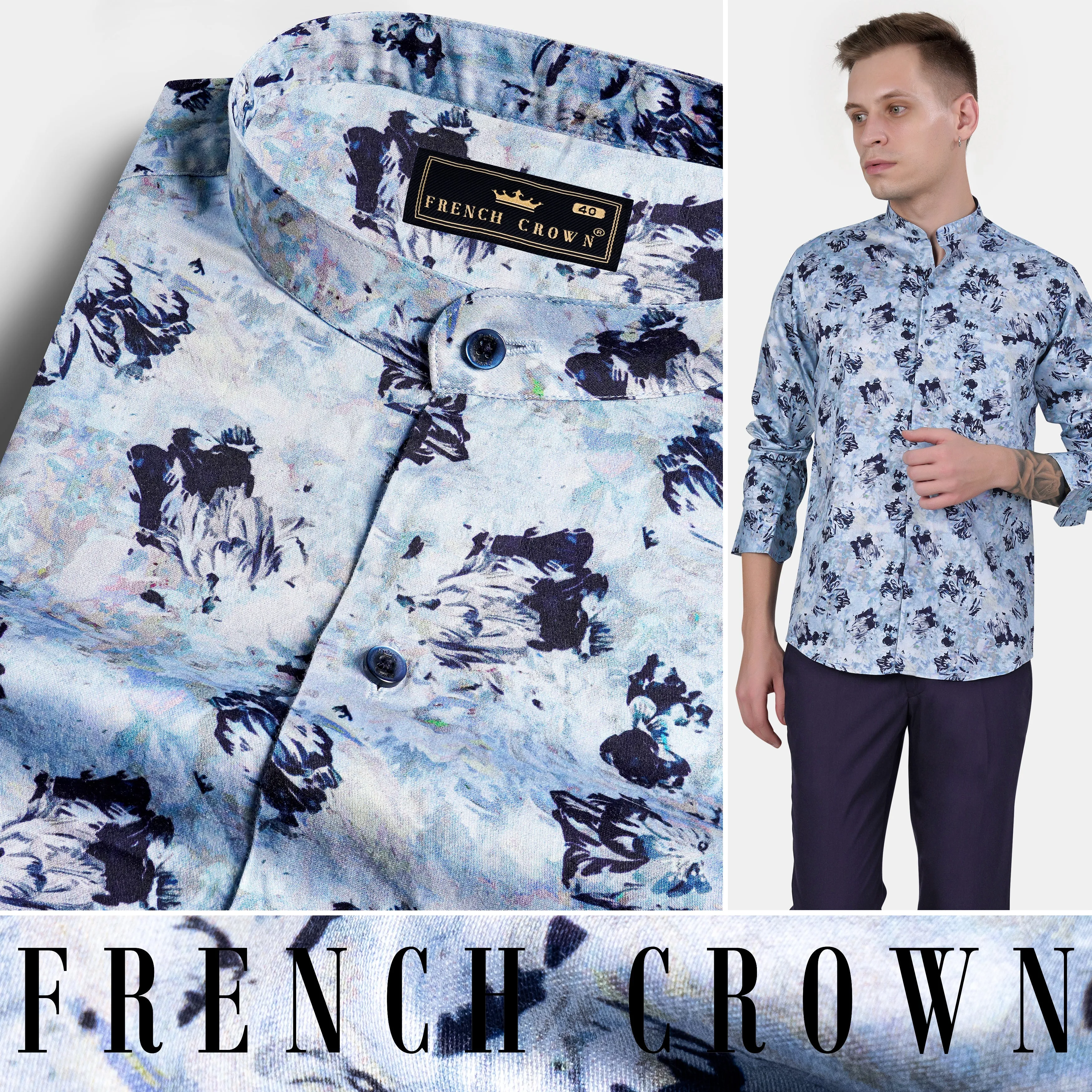 Bright White and Downriver Blue Abstract Printed Subtle Sheen Super Soft Premium Cotton Shirt sold by French Crown product image thumbnail 4