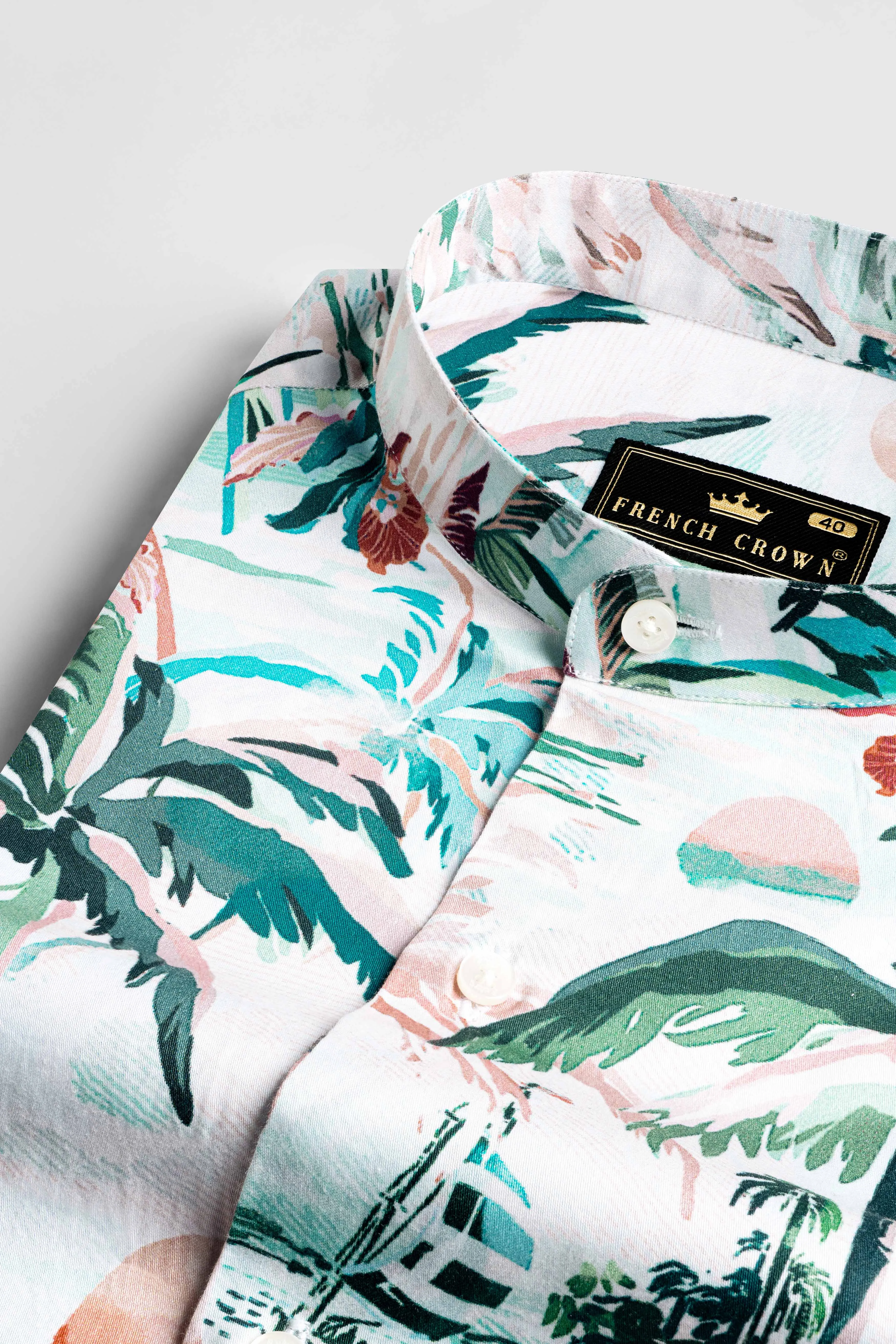 Bright White and Celeste Blue Multicolour Tropical Printed Subtle Sheen Super Soft Premium Cotton Designer Shirt sold by French Crown