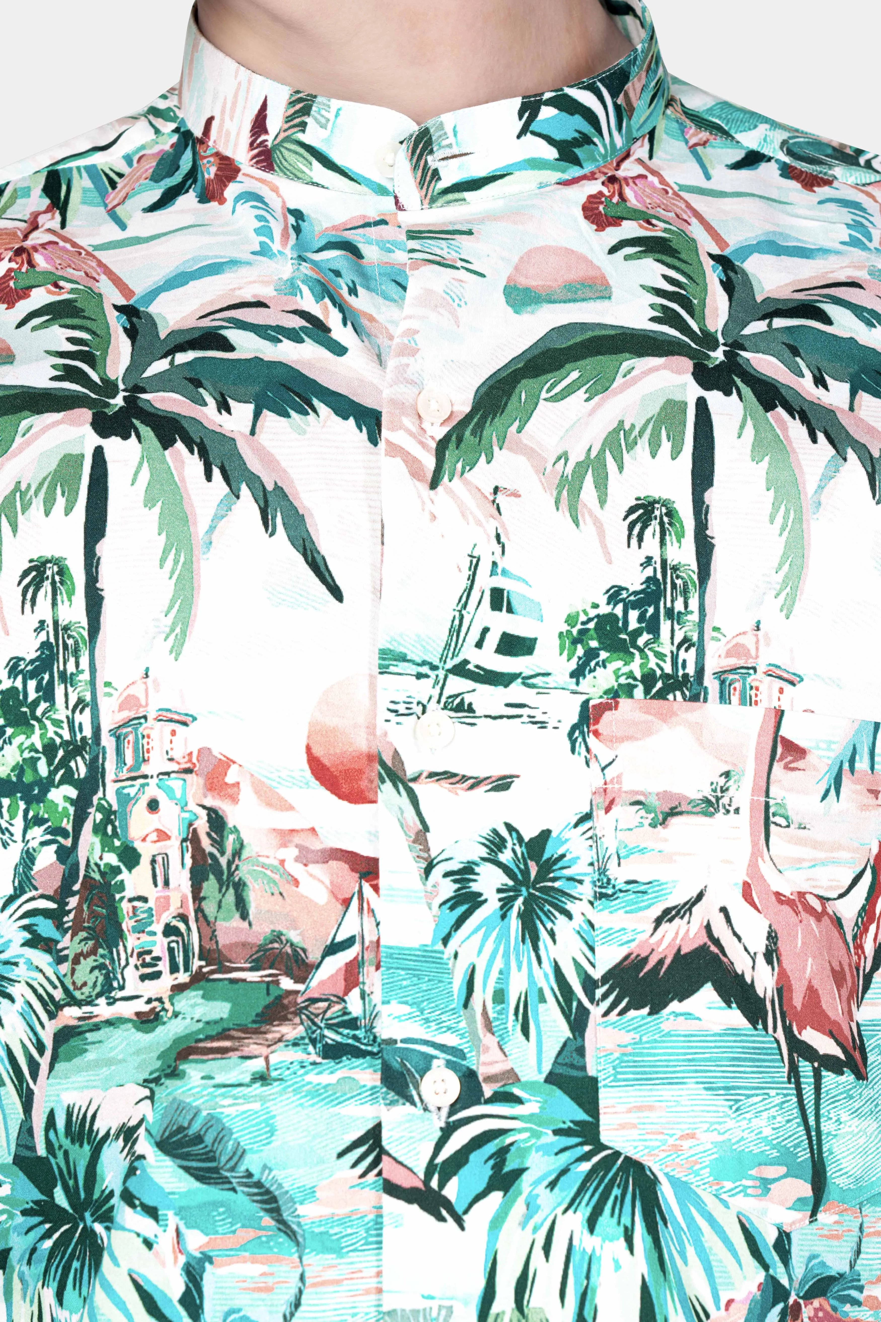 Bright White and Celeste Blue Multicolour Tropical Printed Subtle Sheen Super Soft Premium Cotton Designer Shirt sold by French Crown product image thumbnail 4