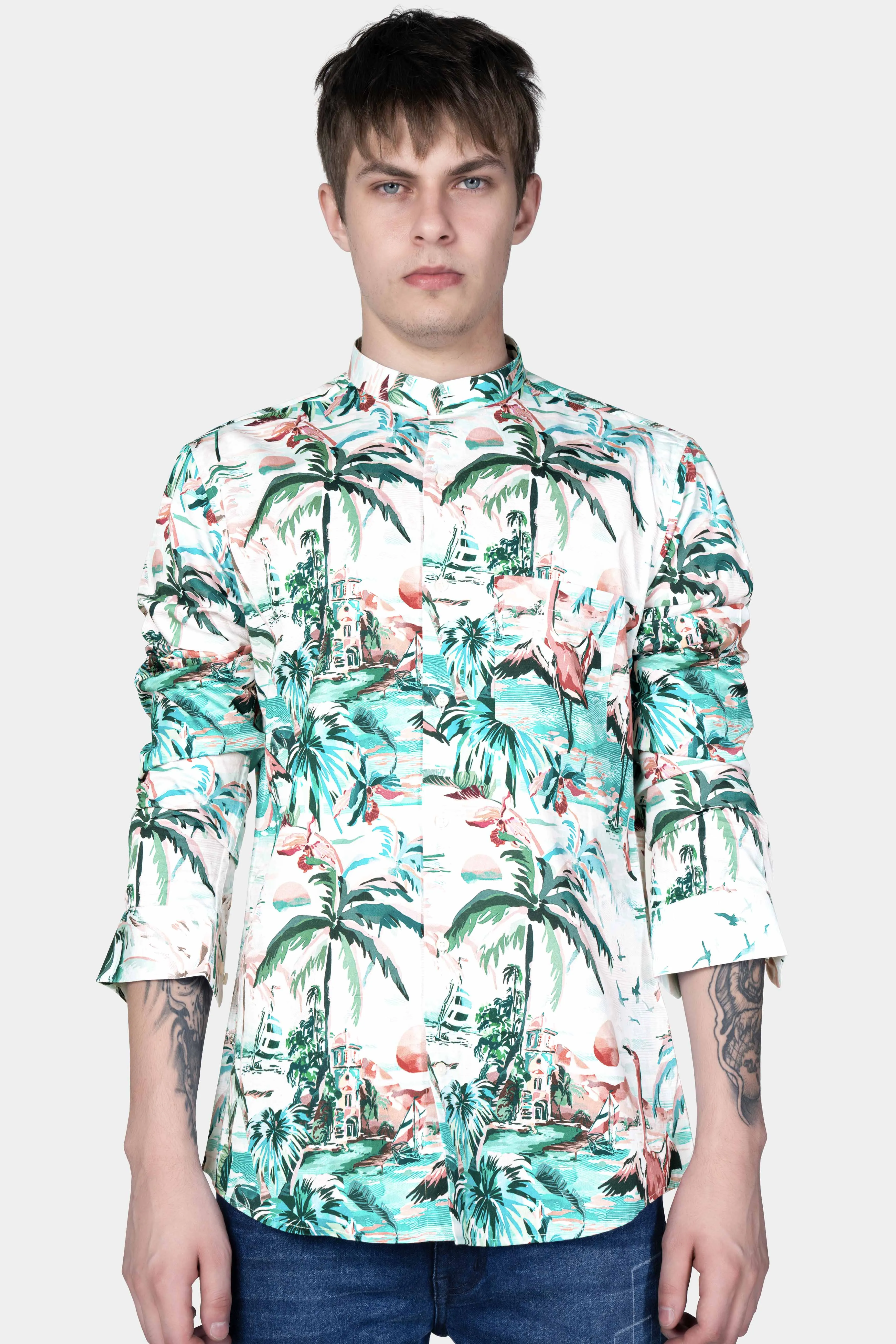 Bright White and Celeste Blue Multicolour Tropical Printed Subtle Sheen Super Soft Premium Cotton Designer Shirt sold by French Crown product image thumbnail 5