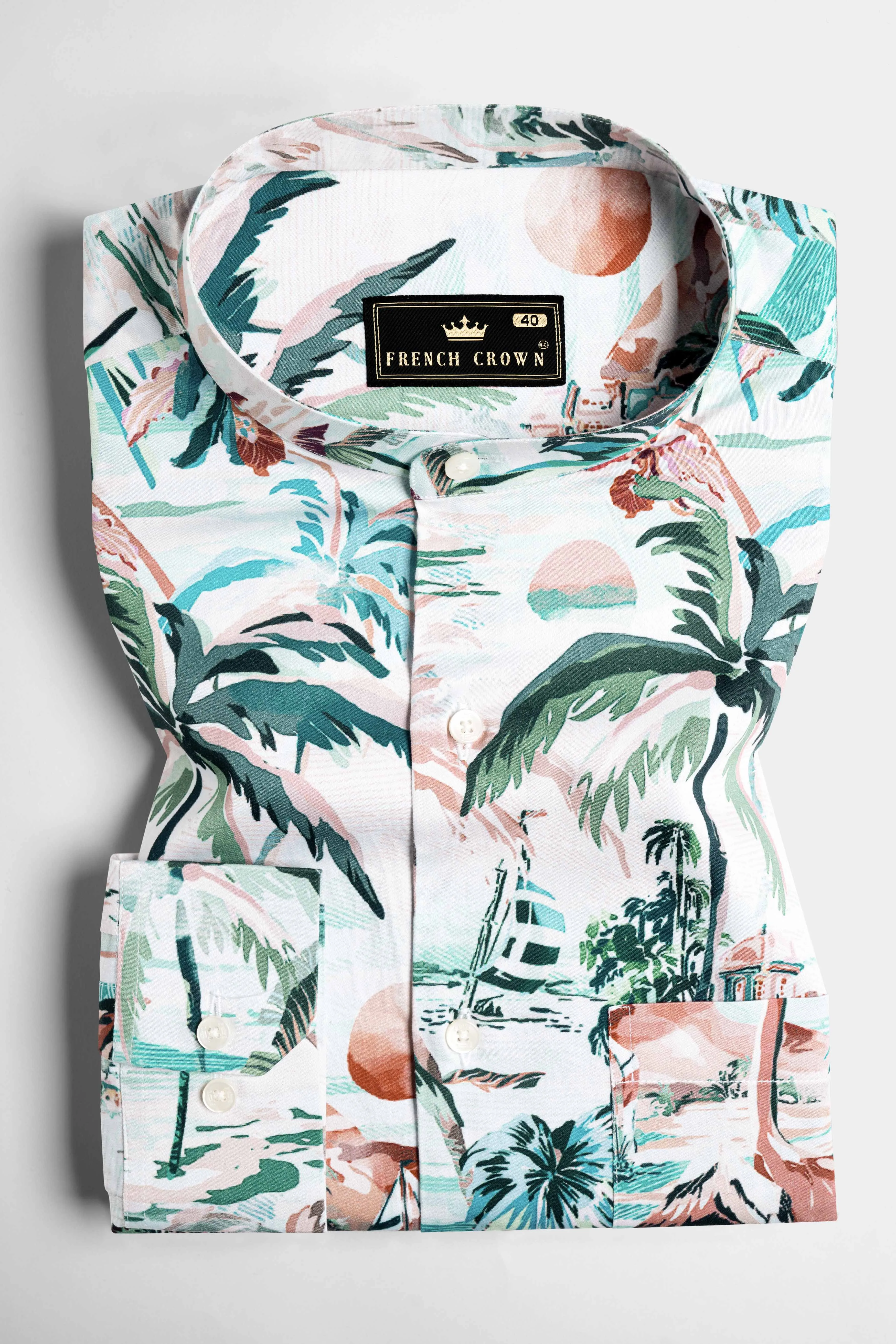 Bright White and Celeste Blue Multicolour Tropical Printed Subtle Sheen Super Soft Premium Cotton Designer Shirt sold by French Crown product image thumbnail 3