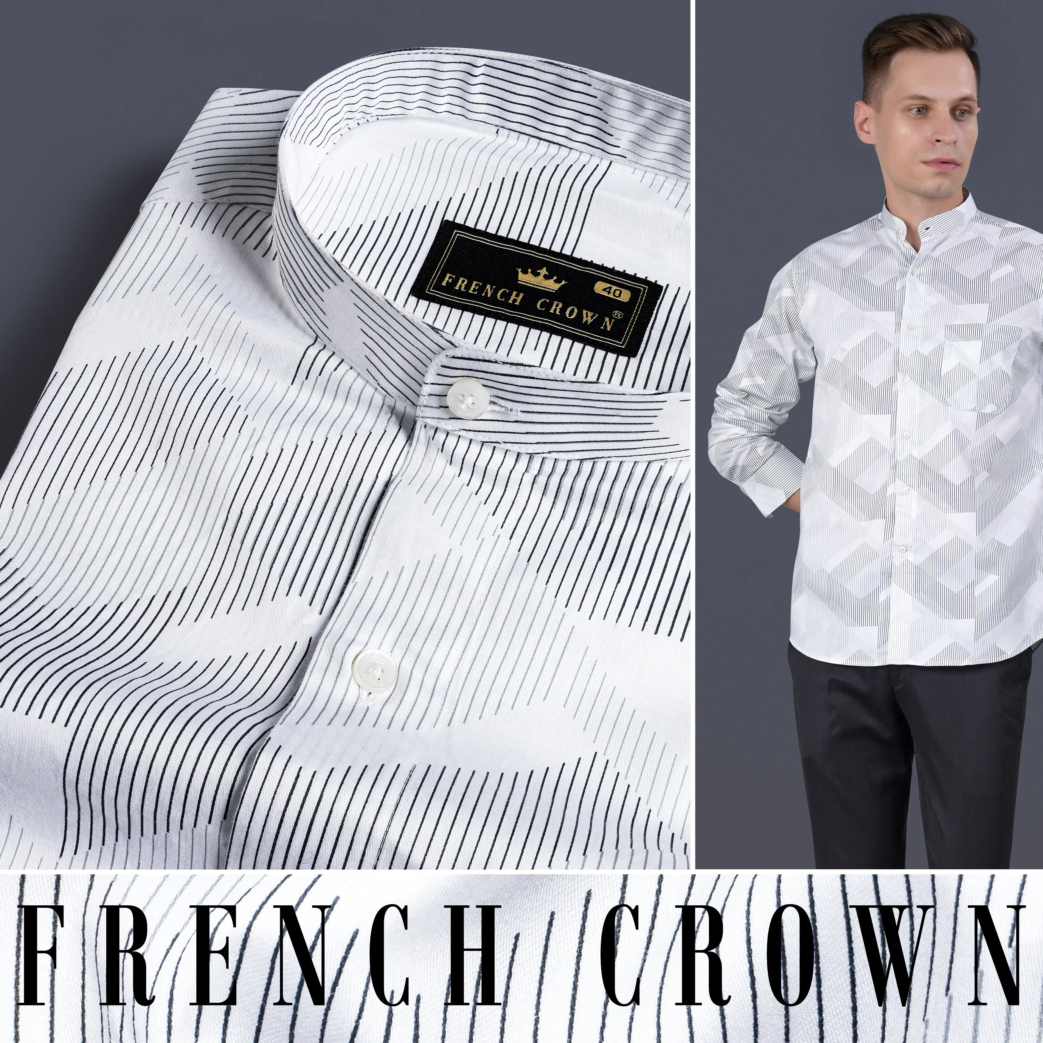 Bright White and Black Abstract Lines Printed Subtle Sheen Super Soft Premium Cotton Shirt sold by French Crown product image thumbnail 4