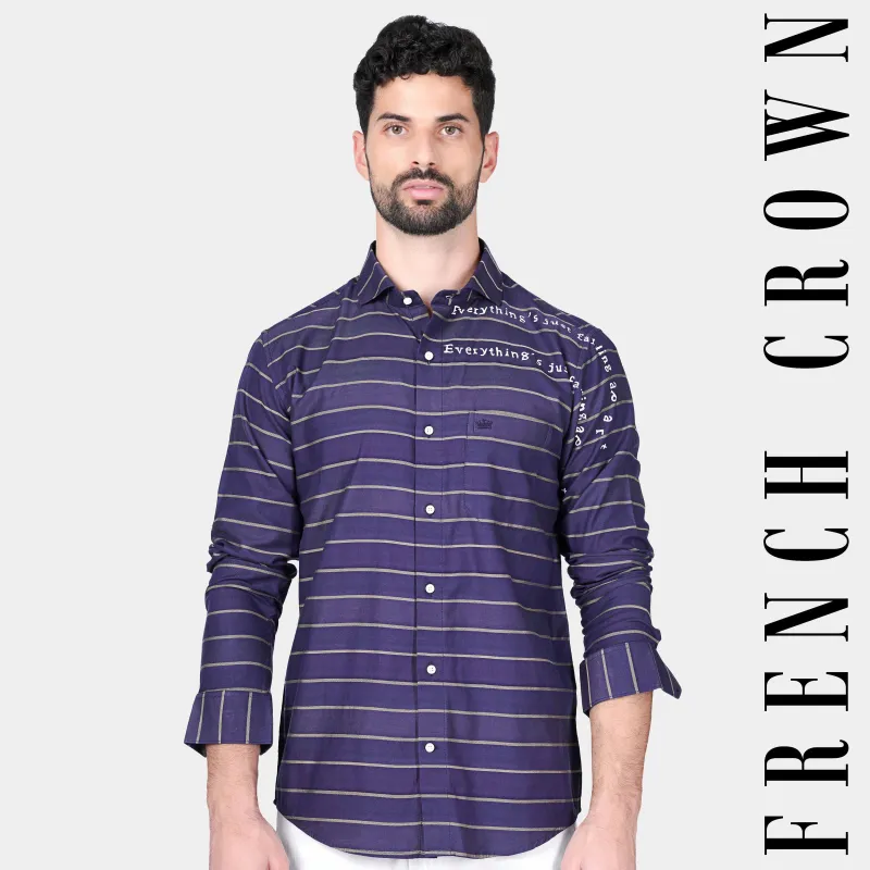 Rhino Blue and Pavlova Beige Striped Hand Painted Twill Premium Cotton Designer Shirt sold by French Crown