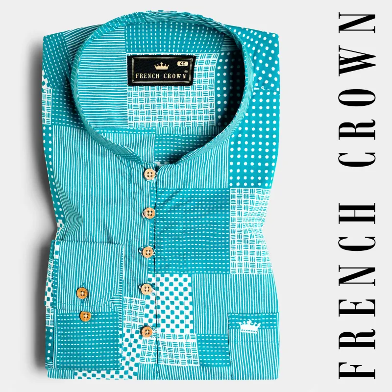 Pacific Blue and White Tile Printed Premium Cotton Kurta Shirt sold by French Crown