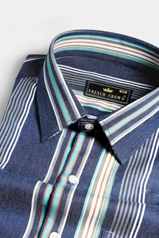 Nile Blue with White and Dusty Brown Striped Indigo Denim Shirt sold by French Crown