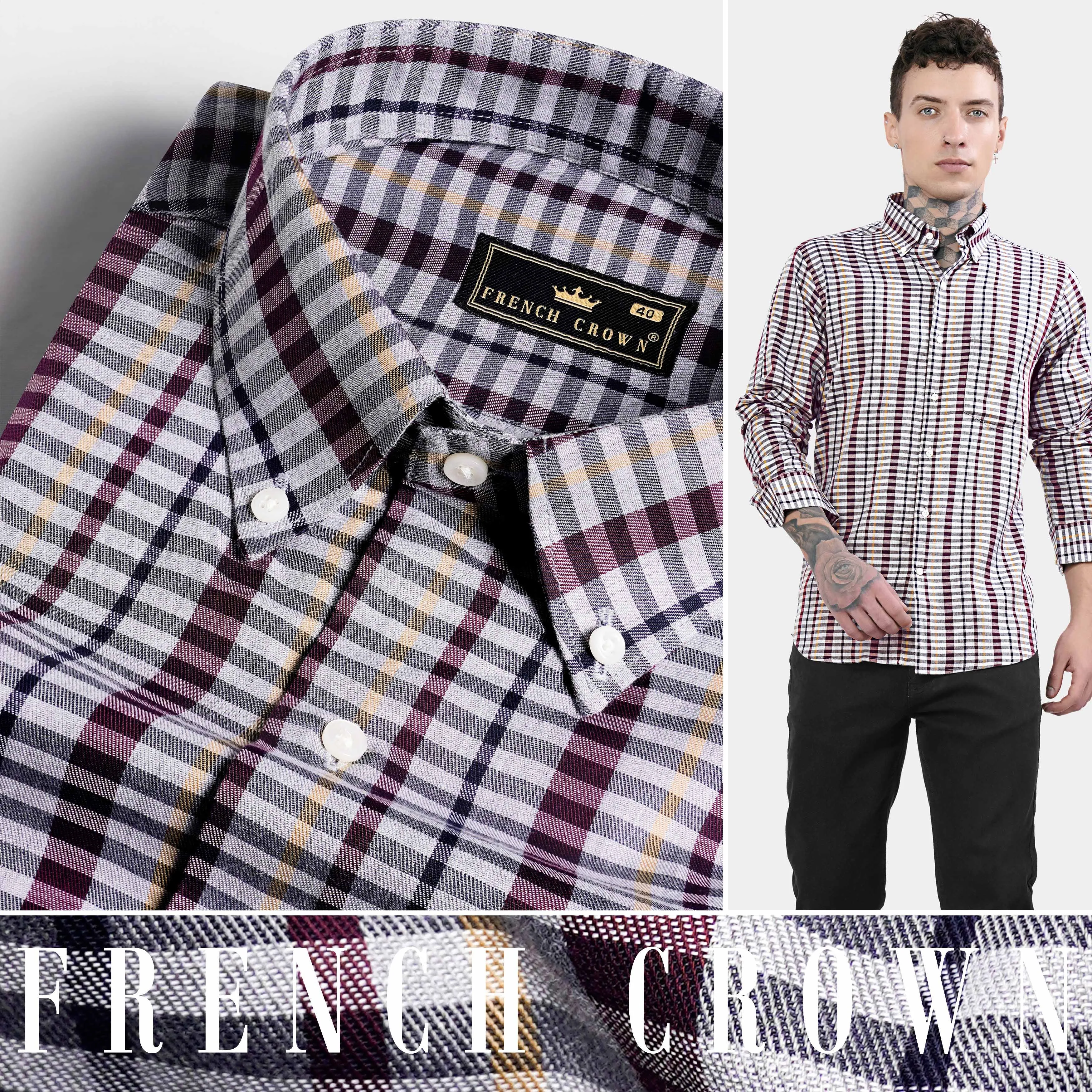 Nickel Gray and Tamarind Maroon Twill Checkered Premium Cotton Shirt sold by French Crown product image thumbnail 4
