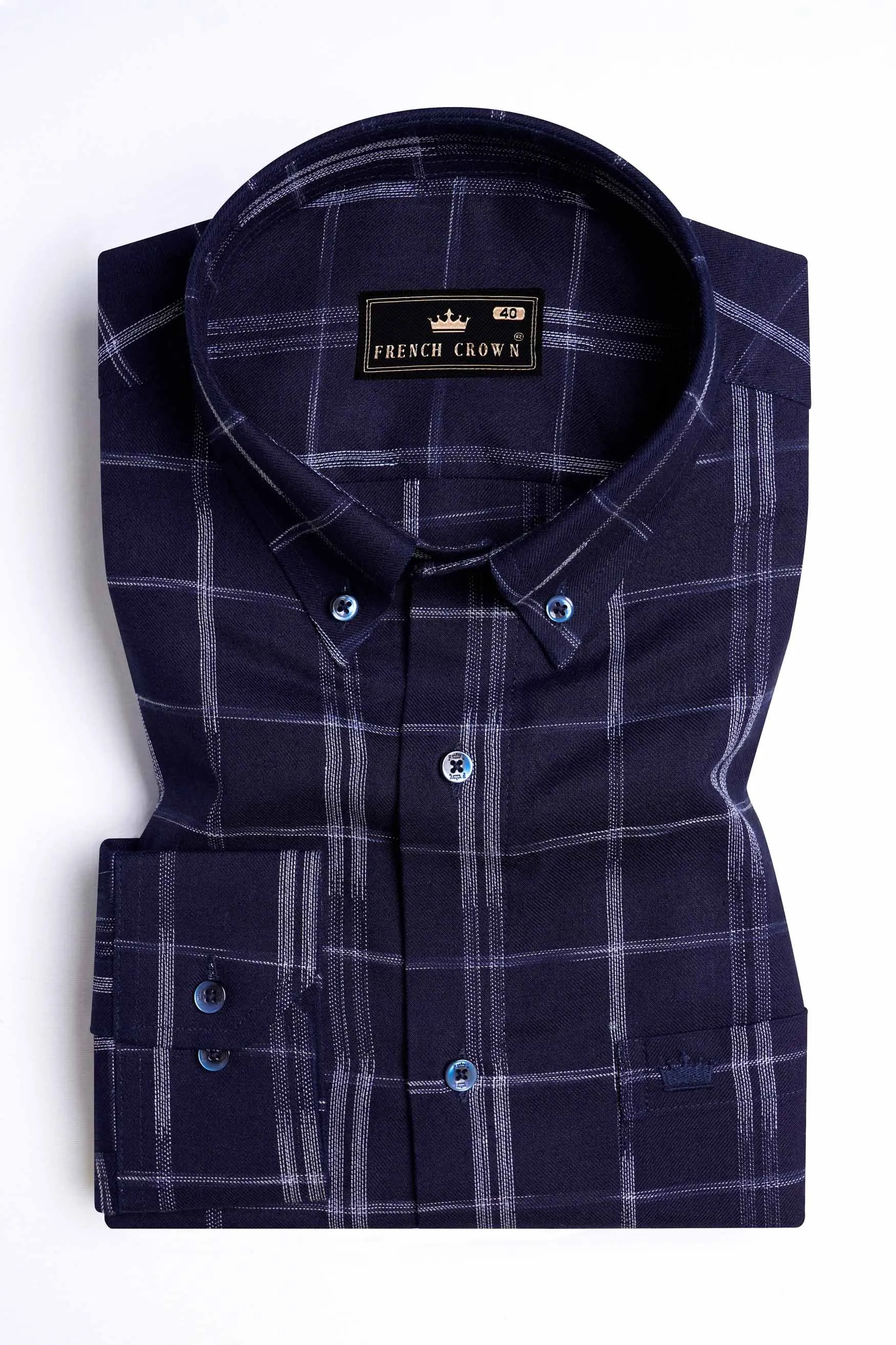 Midnight Blue and White Checkered Dobby Textured Premium Giza Cotton Shirt sold by French Crown product image thumbnail 3