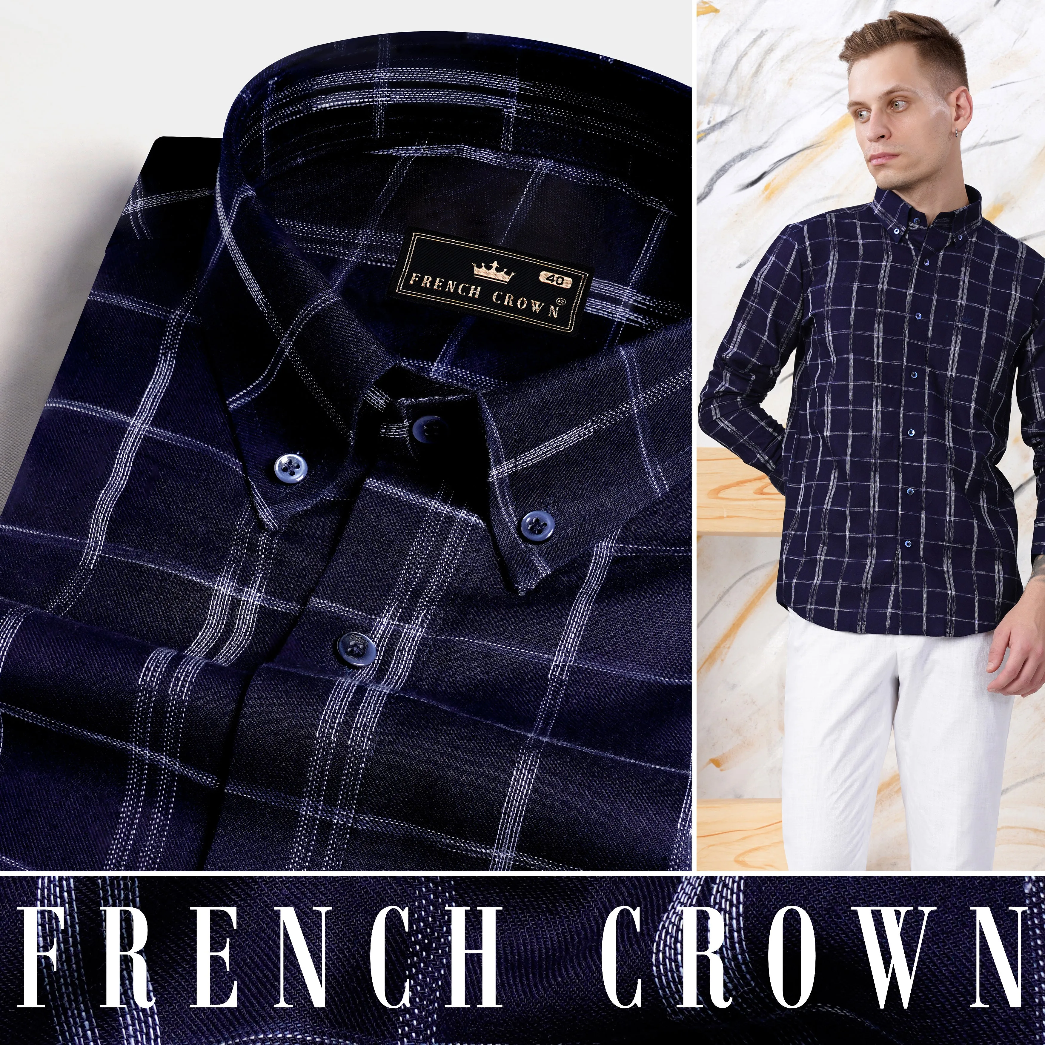 Midnight Blue and White Checkered Dobby Textured Premium Giza Cotton Shirt sold by French Crown product image thumbnail 4