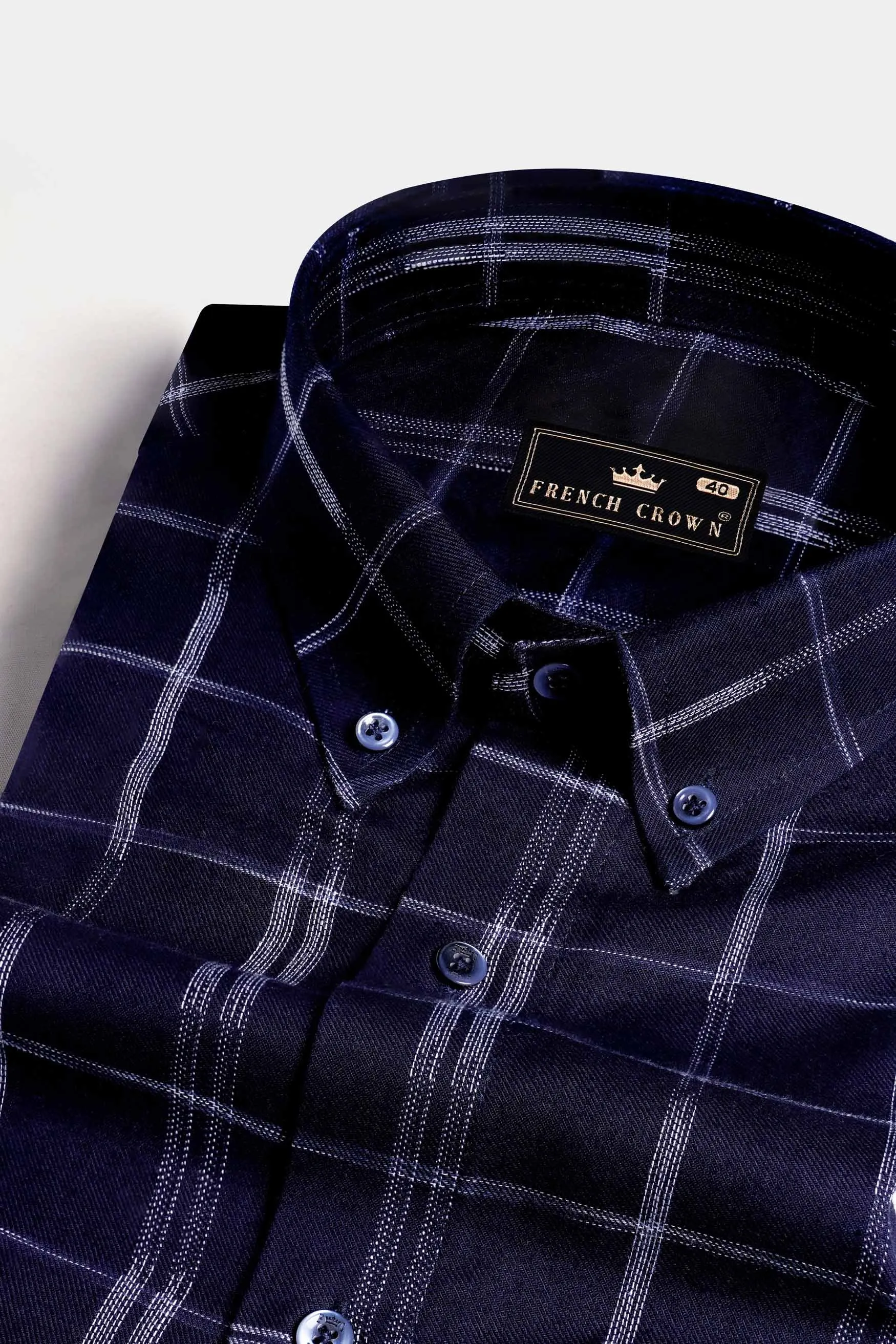 Midnight Blue and White Checkered Dobby Textured Premium Giza Cotton Shirt sold by French Crown
