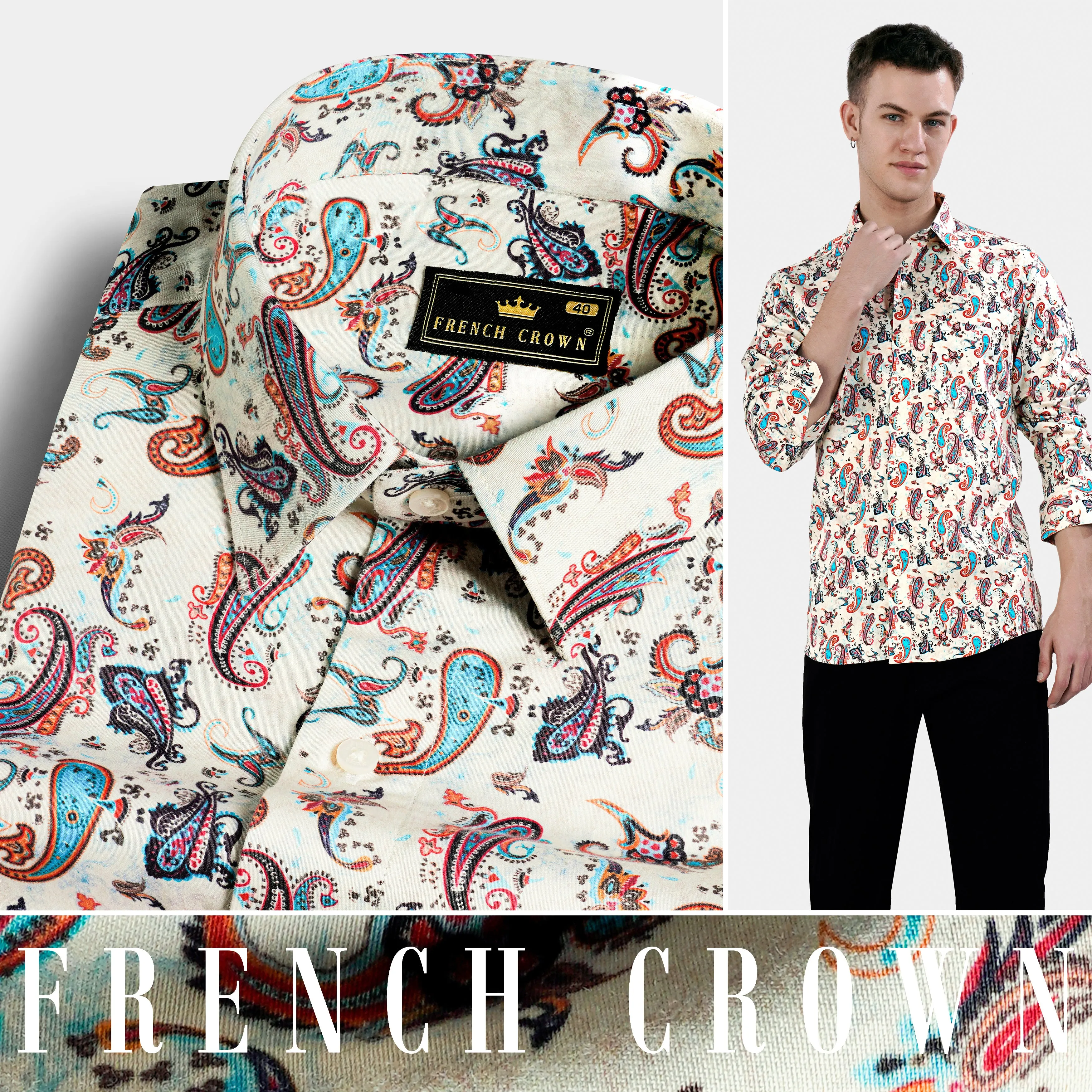 Merino Cream and Multicolour Paisley Printed Subtle Sheen Super Soft Premium Cotton Shirt sold by French Crown product image thumbnail 4
