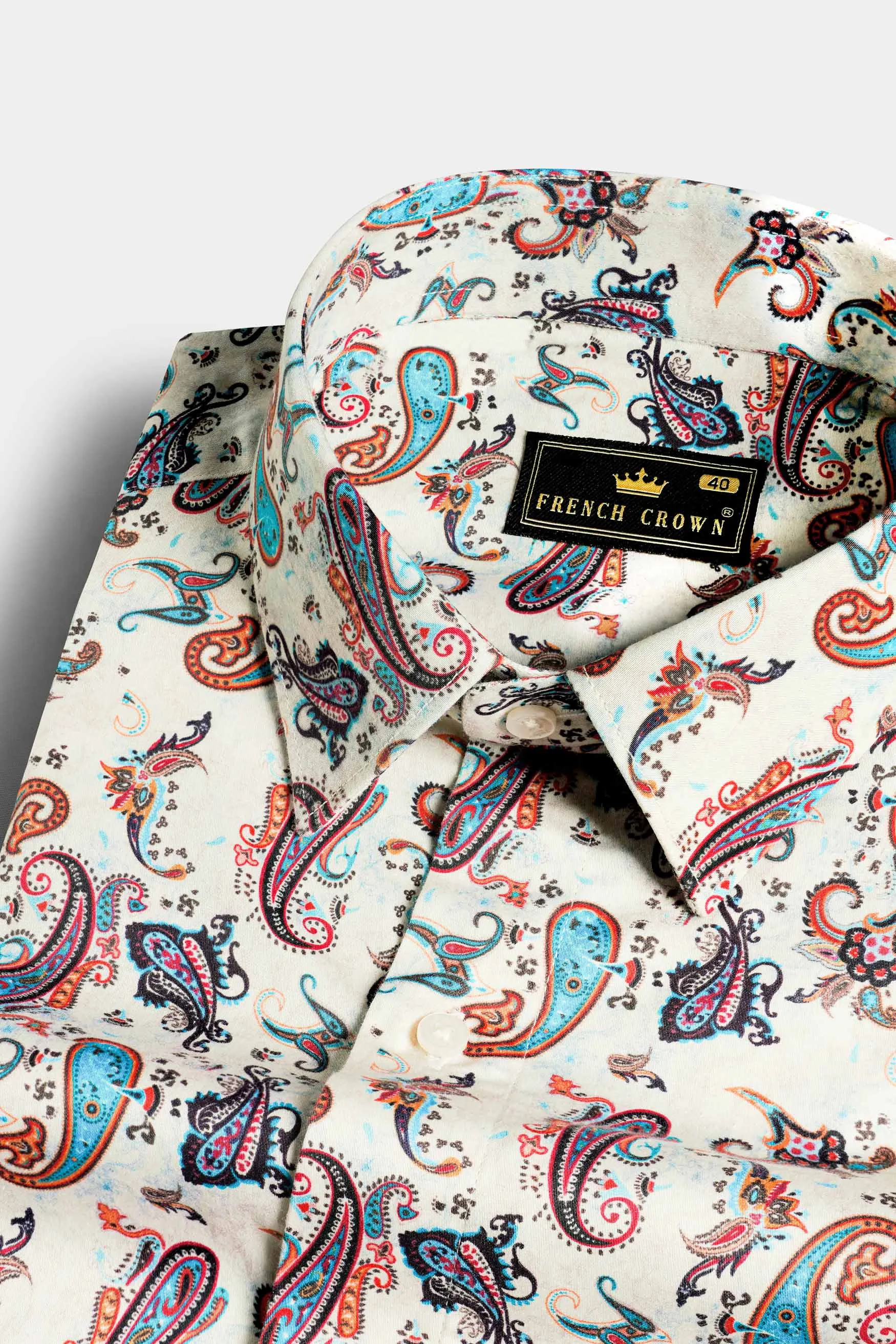 Merino Cream and Multicolour Paisley Printed Subtle Sheen Super Soft Premium Cotton Shirt sold by French Crown