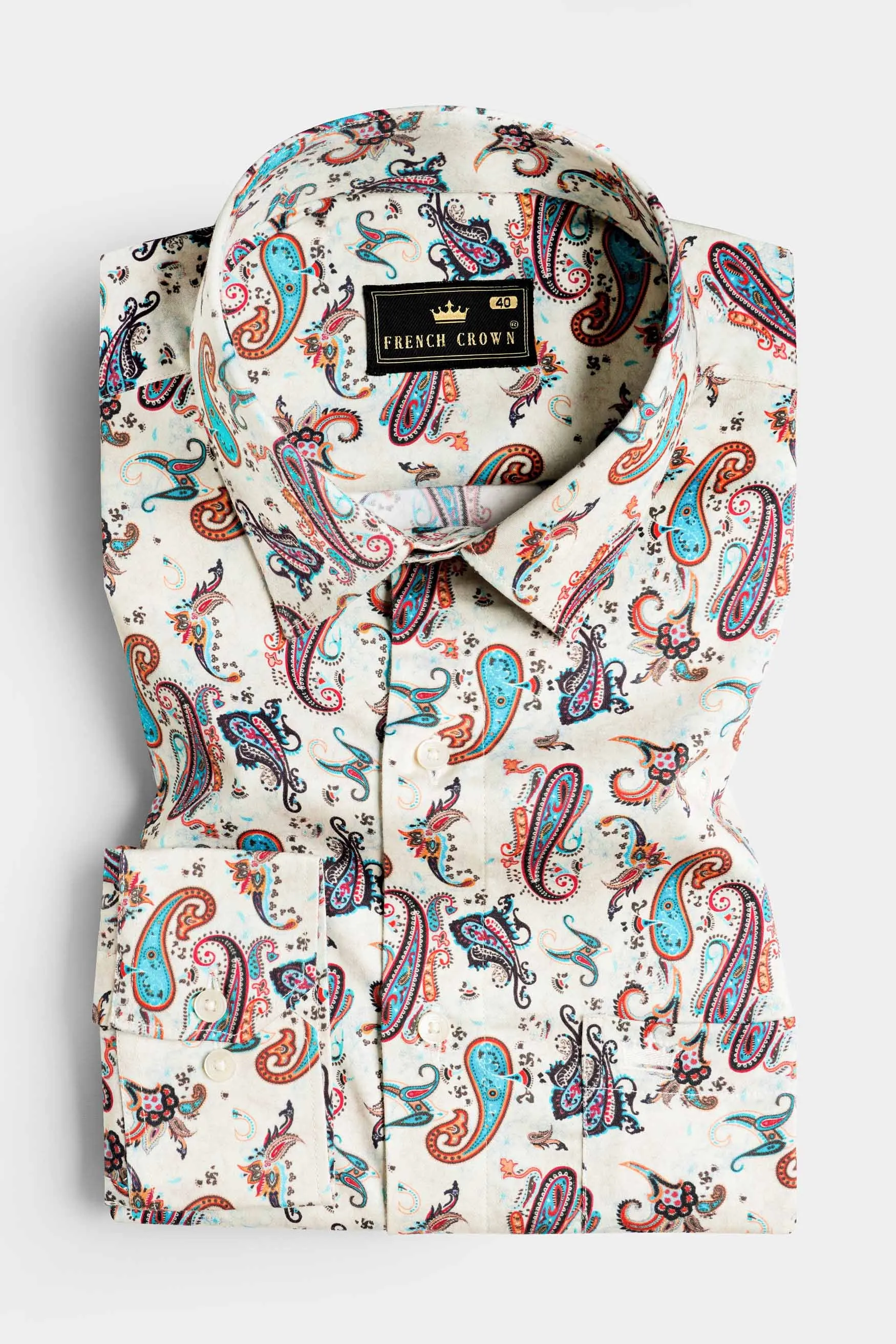Merino Cream and Multicolour Paisley Printed Subtle Sheen Super Soft Premium Cotton Shirt sold by French Crown product image thumbnail 3