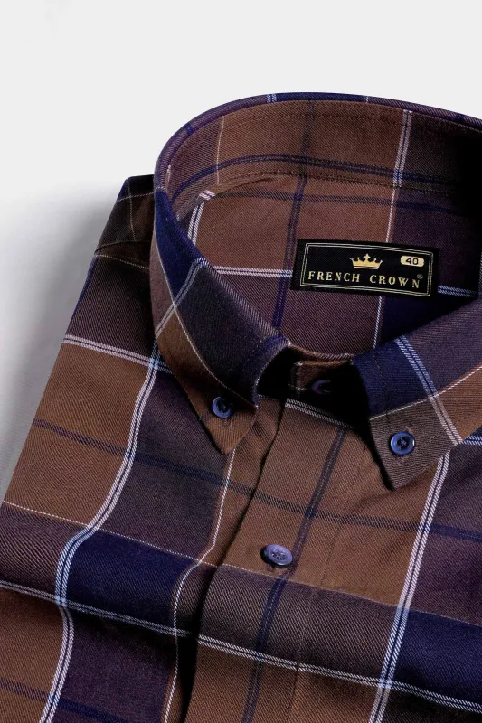 Iroko Brown and Haiti Blue Twill Plaid Premium Cotton Shirt sold by French Crown