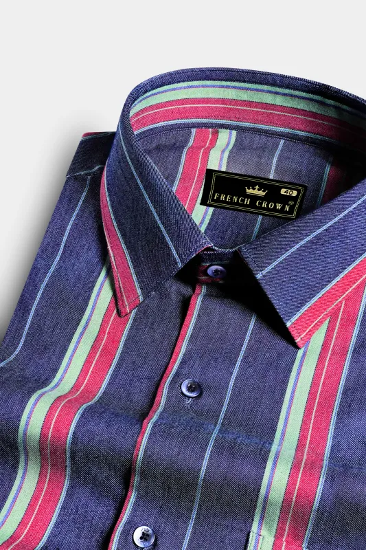 Indigo Blue Multicolour Striped Chambray Shirt sold by French Crown