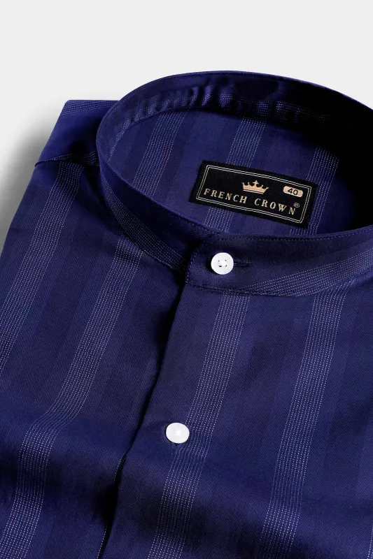 Haiti Blue and White Striped Dobby Textured Premium Giza Cotton Shirt sold by French Crown