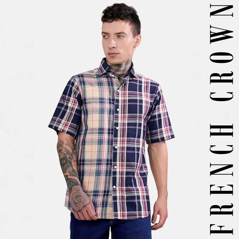 Haiti Blue and Akaroa Brown Twill Plaid Premium Cotton Half Sleeved Designer Shirt sold by French Crown