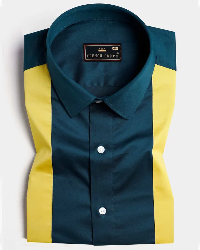 Firefly Blue and Anzac Yellow Subtle Sheen Super Soft Premium Cotton Designer Shirt sold by French Crown