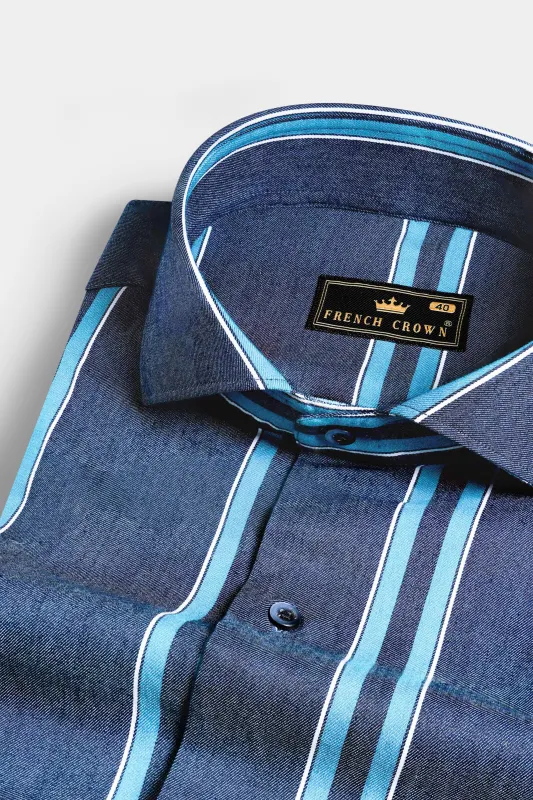 Fiord Blue and Cerulean Blue Striped Indigo Denim Shirt sold by French Crown