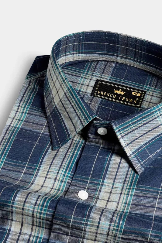 Cloud Burst Blue and Casal Green Twill Plaid Premium Cotton Shirt sold by French Crown