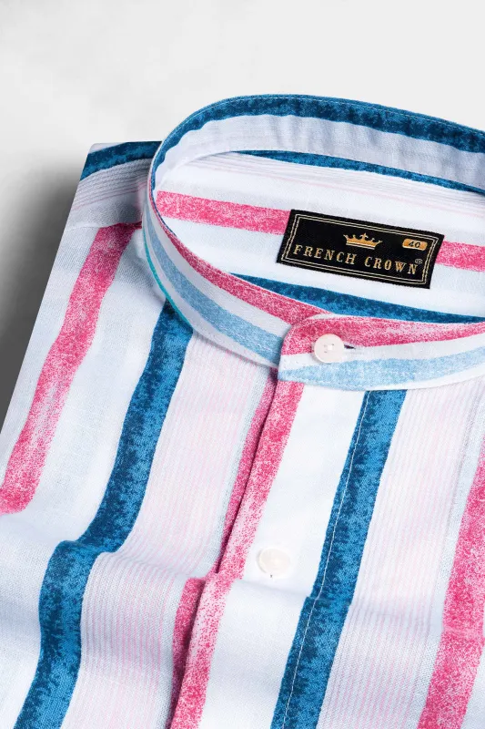 Bright White with Yale Blue and Cerise Pink Multicolour Striped Chambray Shirt sold by French Crown