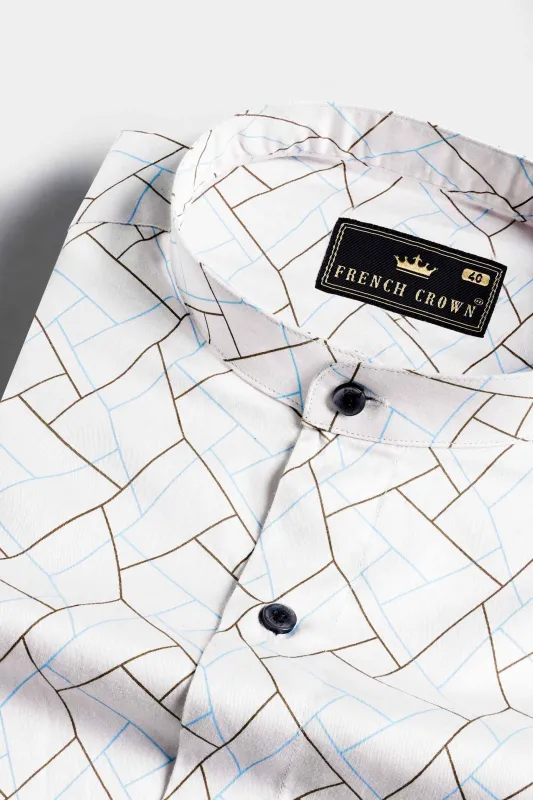 Bright White with Quincy Brown and Carolina Blue Abstract Printed Subtle Sheen Super Soft Premium Cotton Shirt sold by French Crown