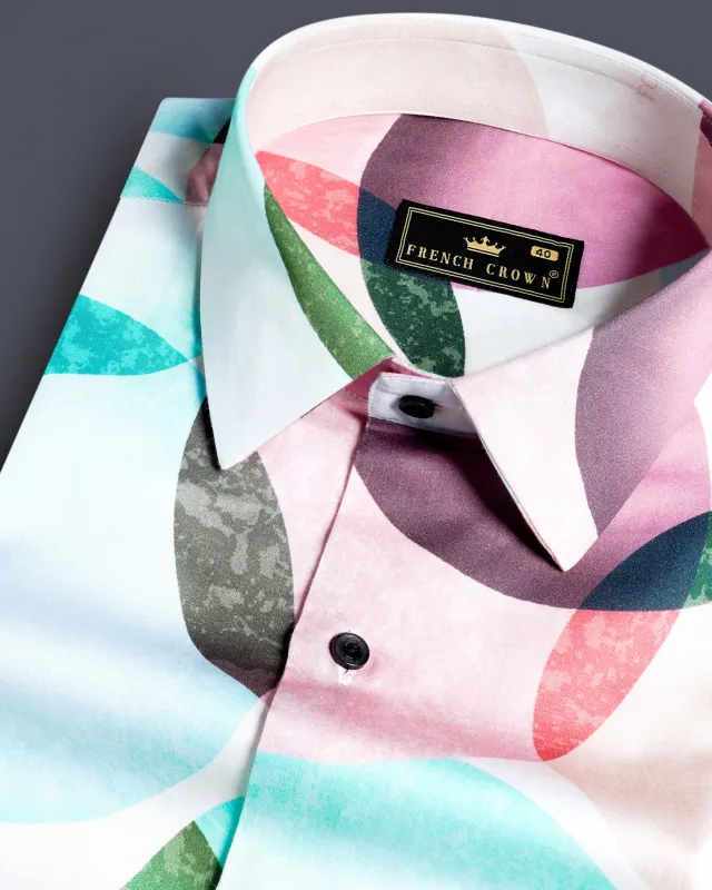 Bright White with Pastel Pink and Edgewater Green Abstract Printed Subtle Sheen Super Soft Premium Cotton Designer Shirt sold by French Crown