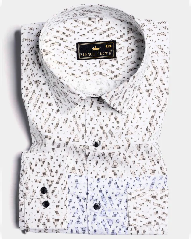 Bright White with Cork Brown and Nile Blue Printed Subtle Sheen Super Soft Premium Cotton Designer Shirt sold by French Crown