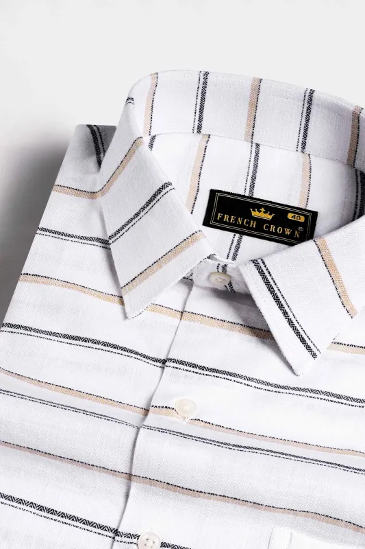 Bright White with Brandy Brown and Black Striped Dobby Textured Premium Giza Cotton Shirt sold by French Crown
