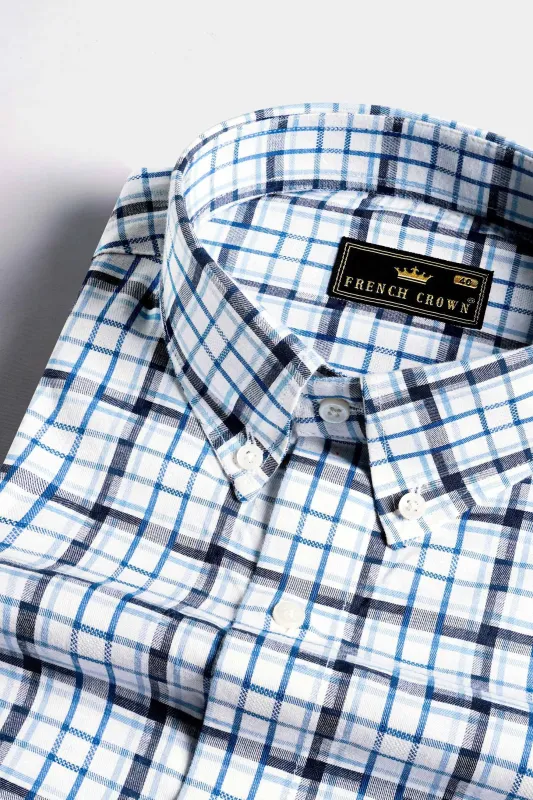 Bright White with Boston Blue and Haiti Blue Checkered Dobby Textured Premium Giza Cotton Shirt sold by French Crown