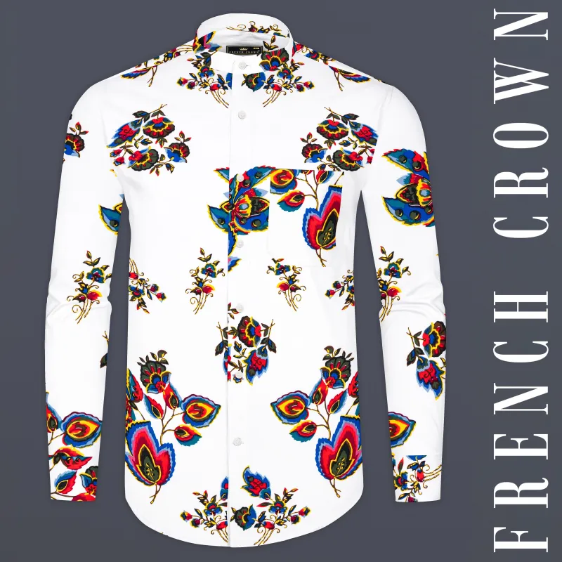 Bright White Multicolour Leaves Printed Premium Cotton Shirt sold by French Crown