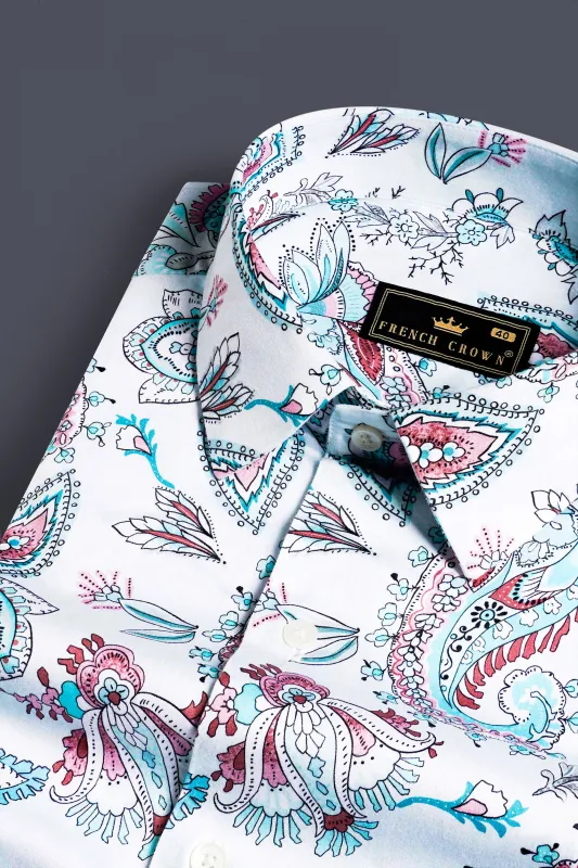 Bright White and Tiffany Blue Leaves Printed Subtle Sheen Super Soft Premium Cotton Shirt sold by French Crown