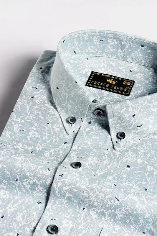 Bright White and Geyser Gray Printed Luxurious Linen Shirt sold by French Crown