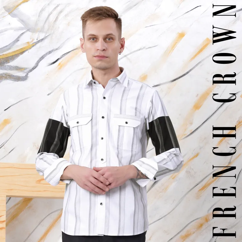 Bright White and Black Striped Dobby Textured Premium Giza Cotton Designer Shirt sold by French Crown