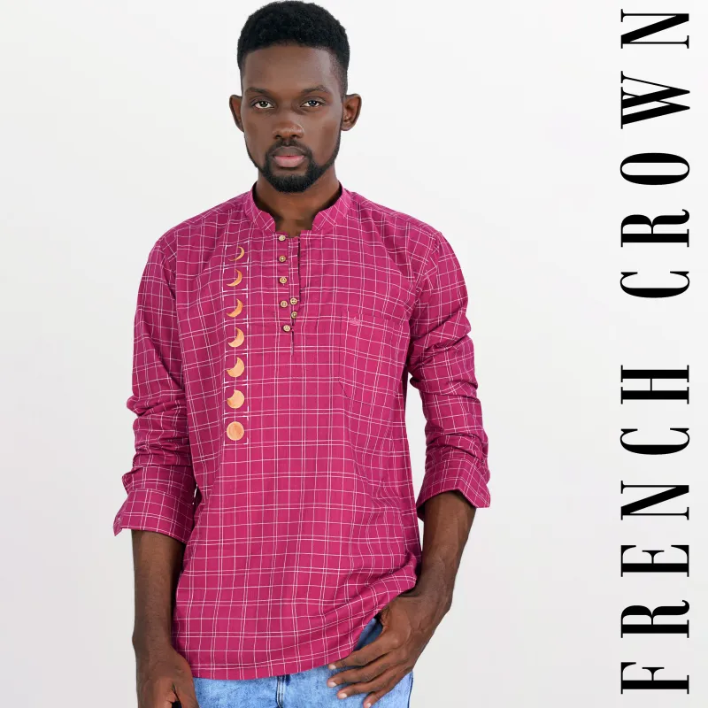 Tapestry Pink Checkered Hand Painted Luxurious Linen Designer Kurta Shirt sold by French Crown