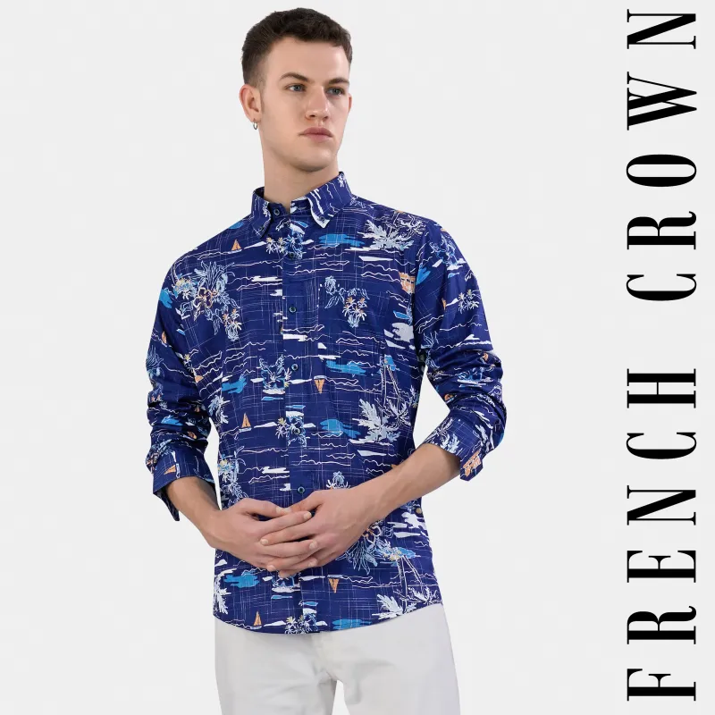 Lapis Blue and White Multicolour Printed Chambray Shirt sold by French Crown