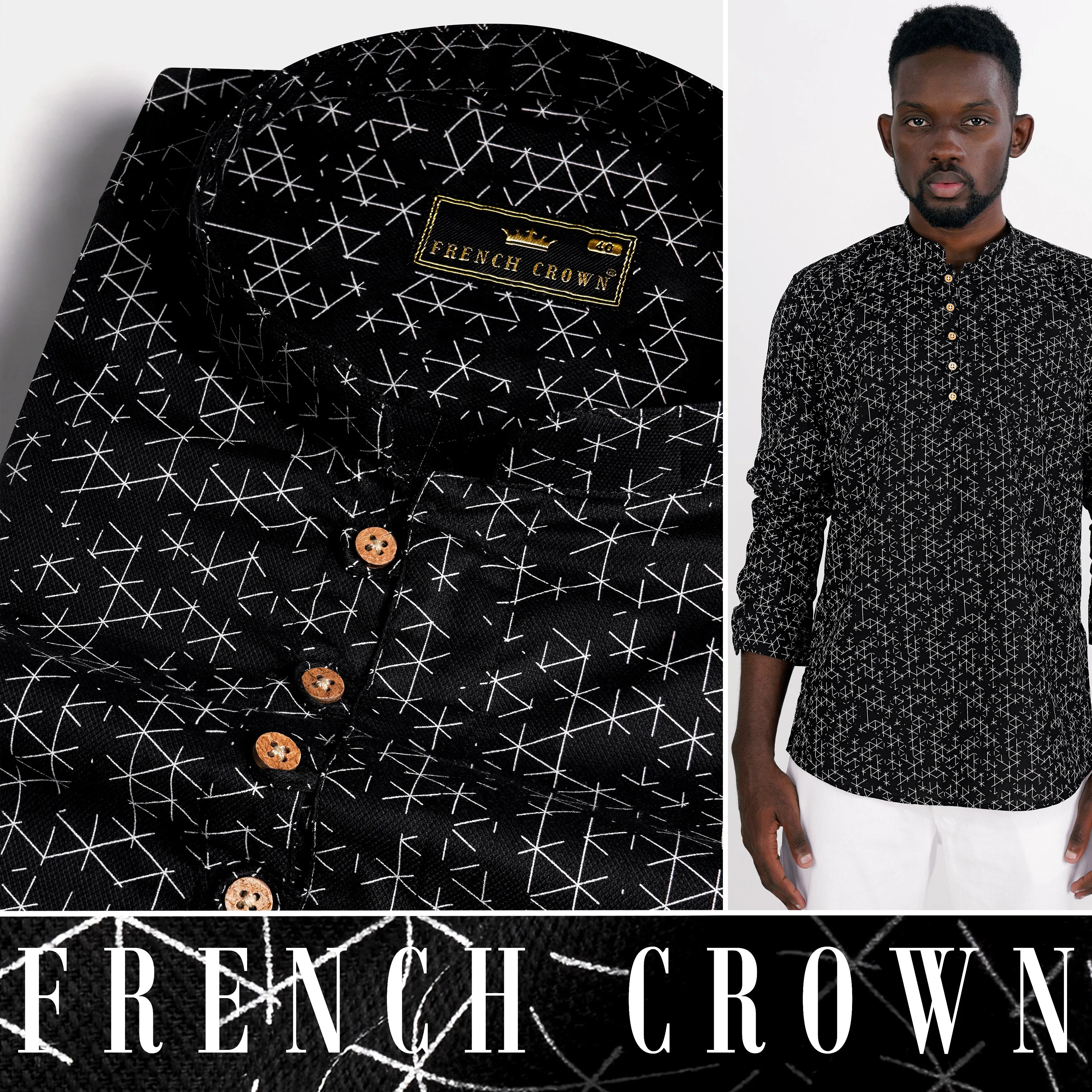 Jade Black and White Dobby Textured Premium Giza Cotton Kurta Shirt sold by French Crown product image thumbnail 5