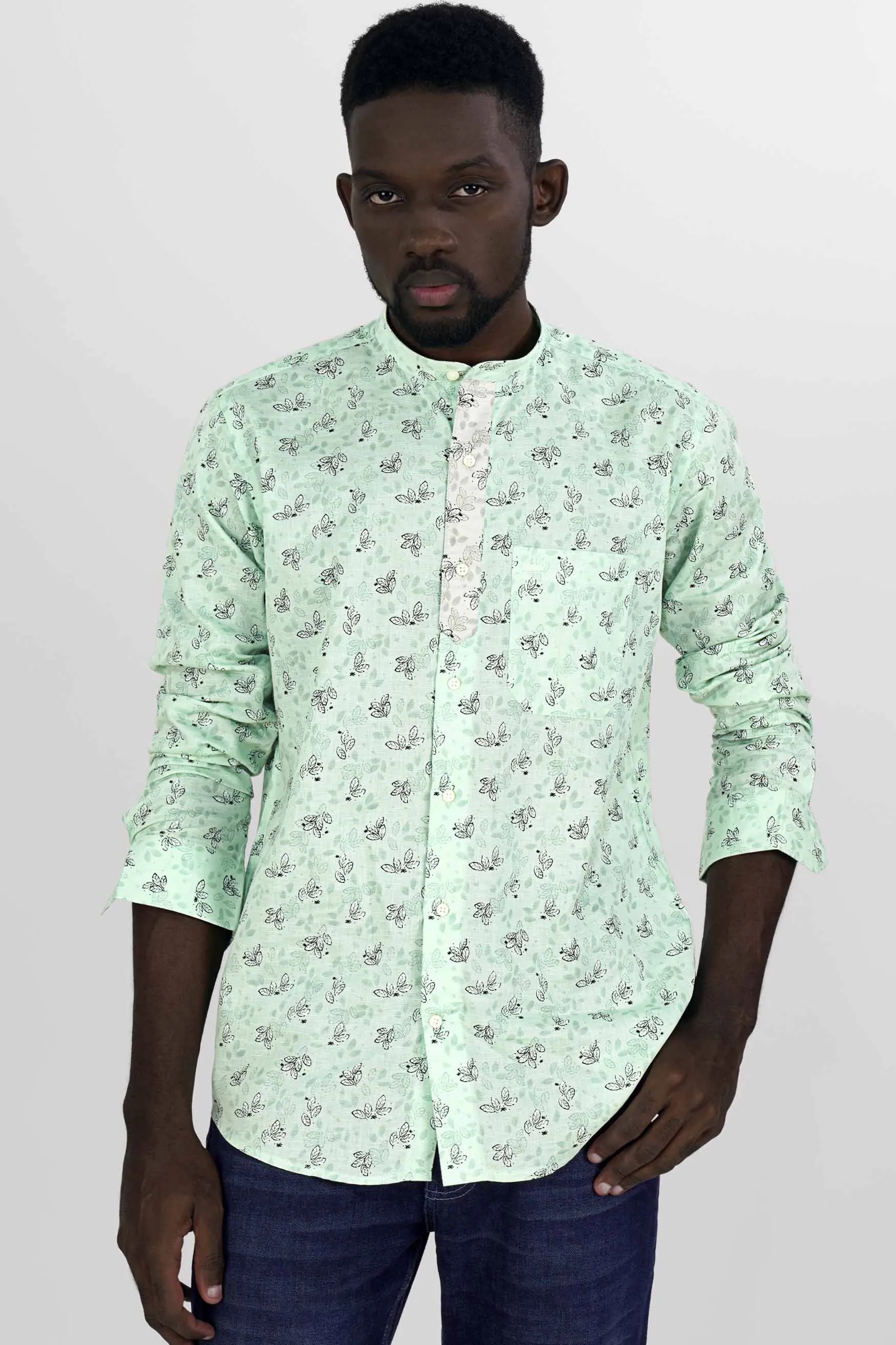 Ironstone Green Leaves Printed Luxurious Linen Designer Shirt sold by French Crown product image thumbnail 2