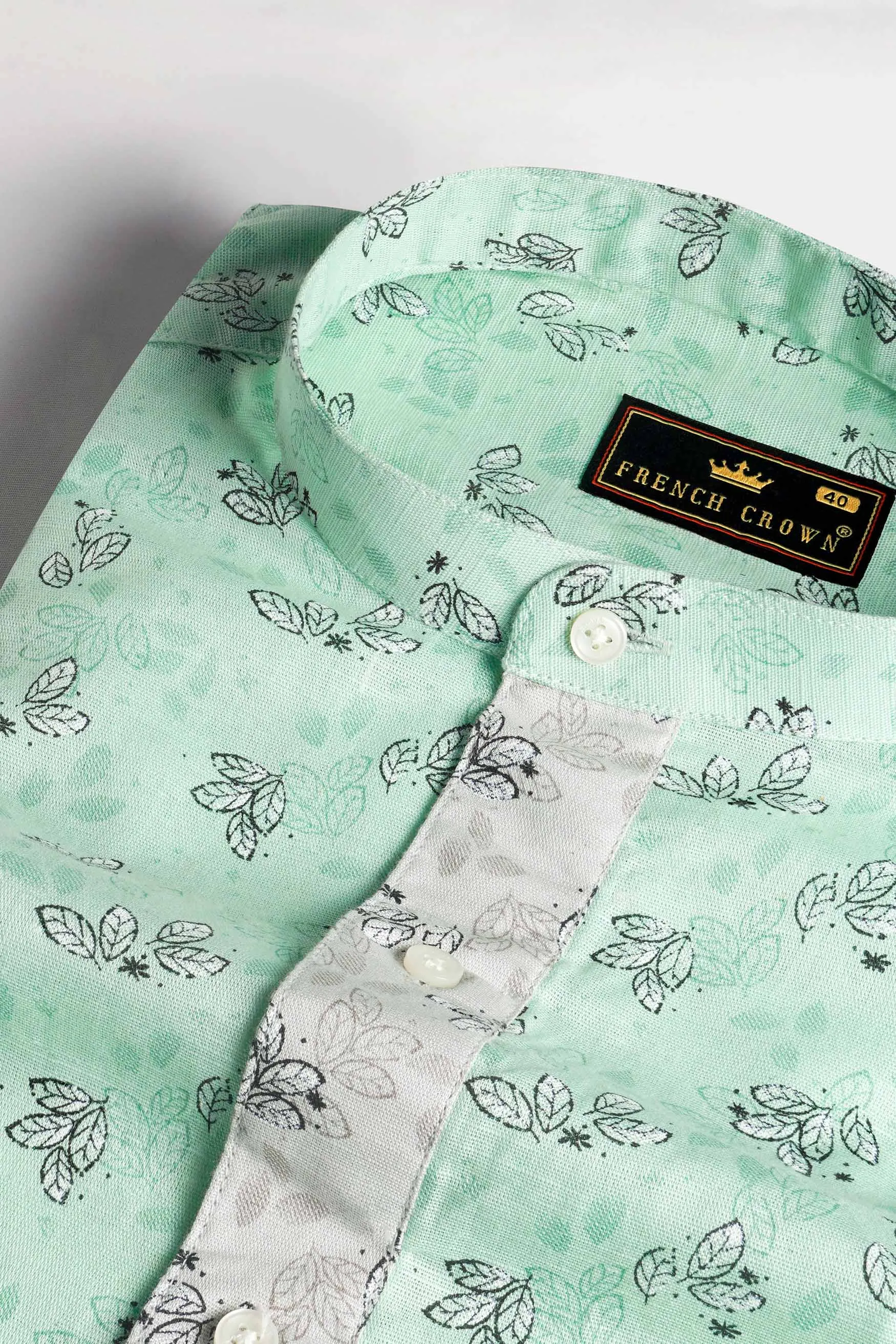 Ironstone Green Leaves Printed Luxurious Linen Designer Shirt sold by French Crown product image thumbnail 4
