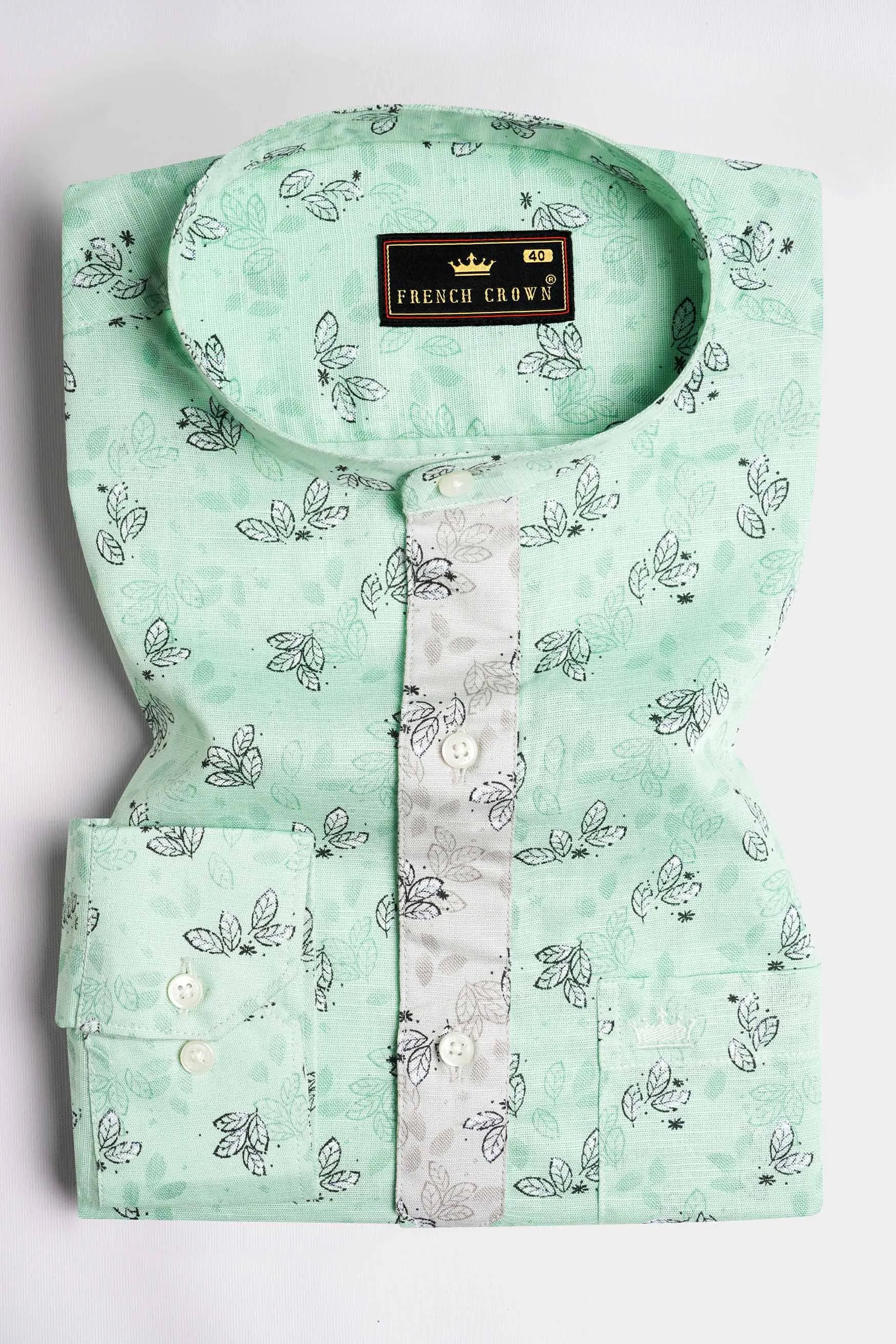 Ironstone Green Leaves Printed Luxurious Linen Designer Shirt sold by French Crown product image thumbnail 5