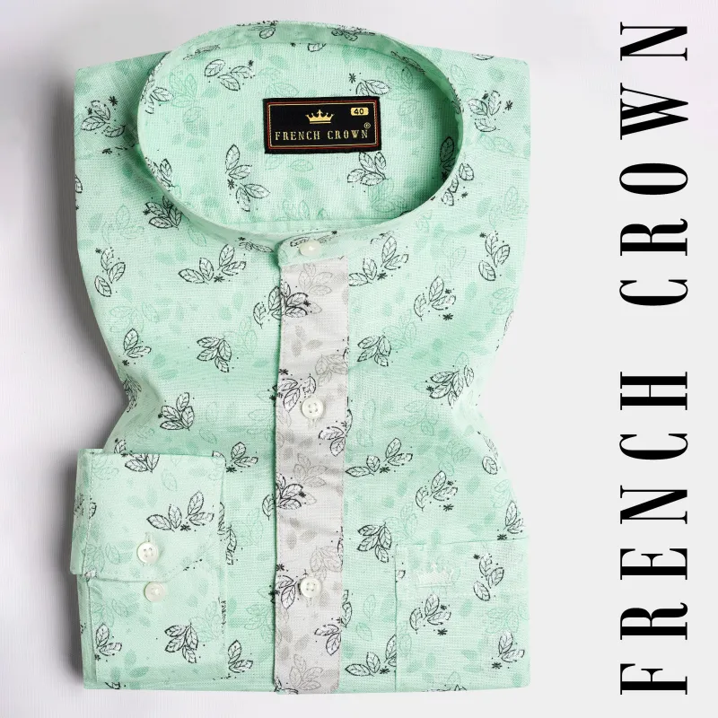 Ironstone Green Leaves Printed Luxurious Linen Designer Shirt sold by French Crown