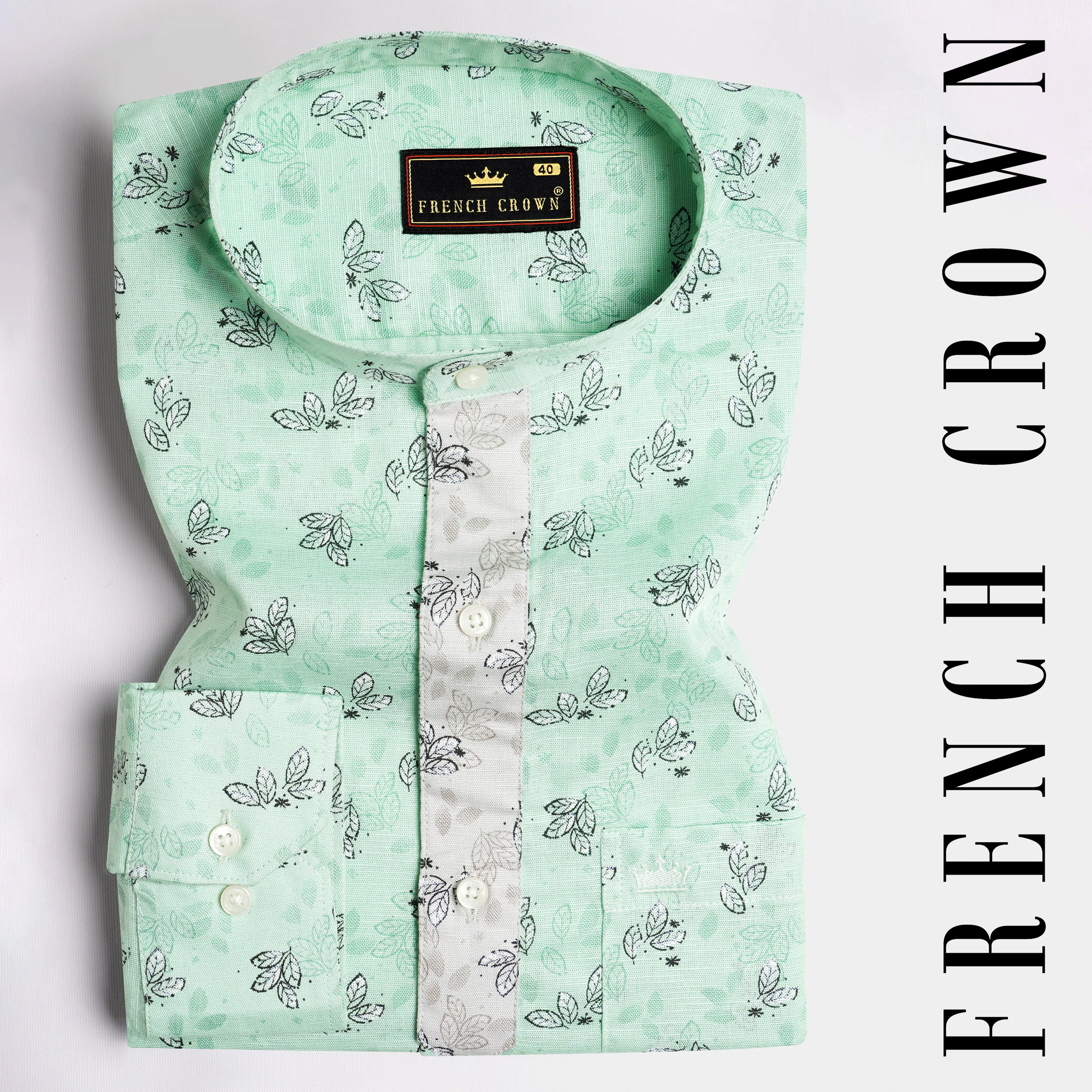 Ironstone Green Leaves Printed Luxurious Linen Designer Shirt sold by French Crown