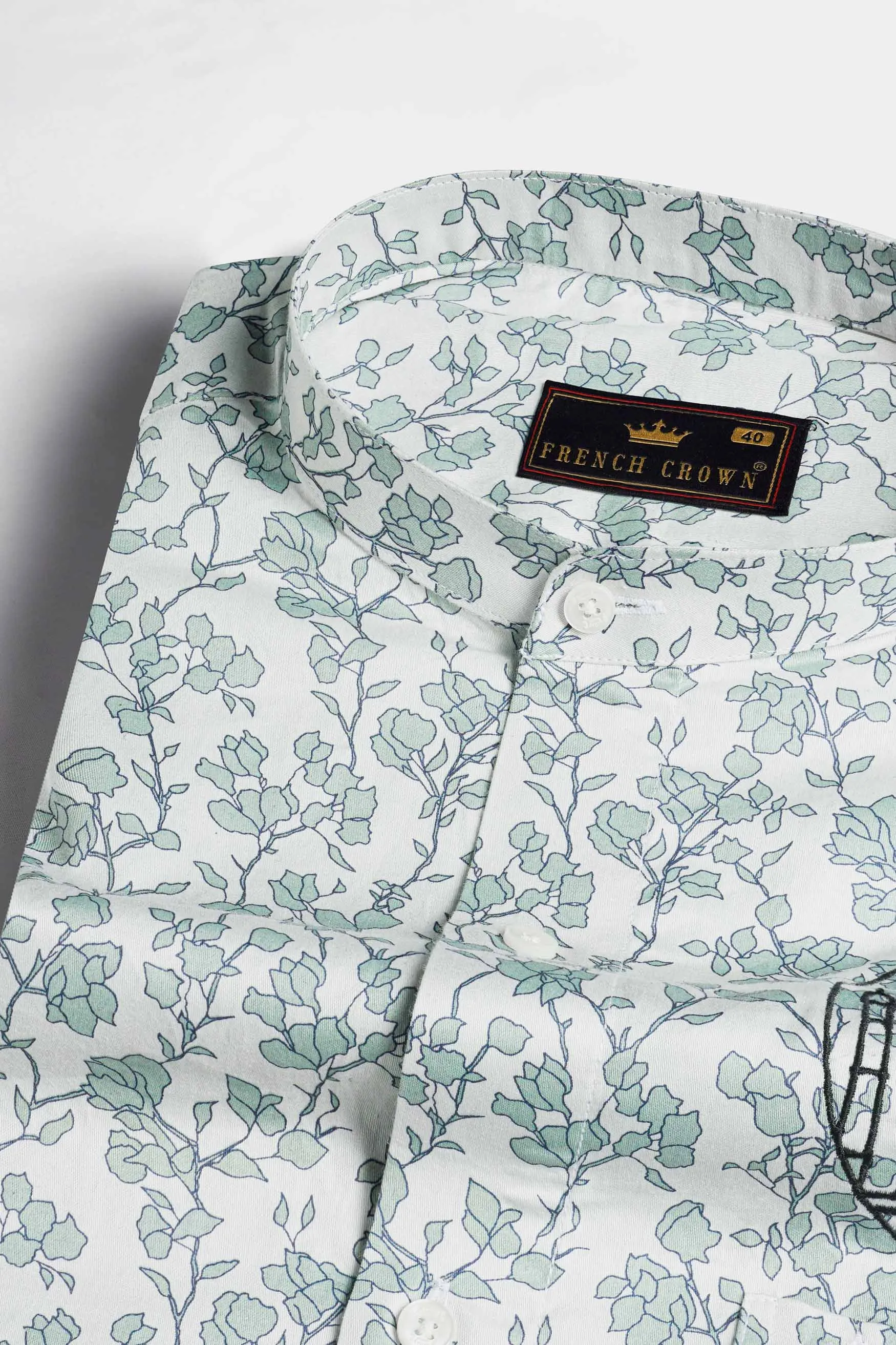 Gainsboro Gray and Tiara Green Leaves Printed with Taj Mahal Embroidered Super Soft Premium Cotton Designer Shirt sold by French Crown product image thumbnail 4