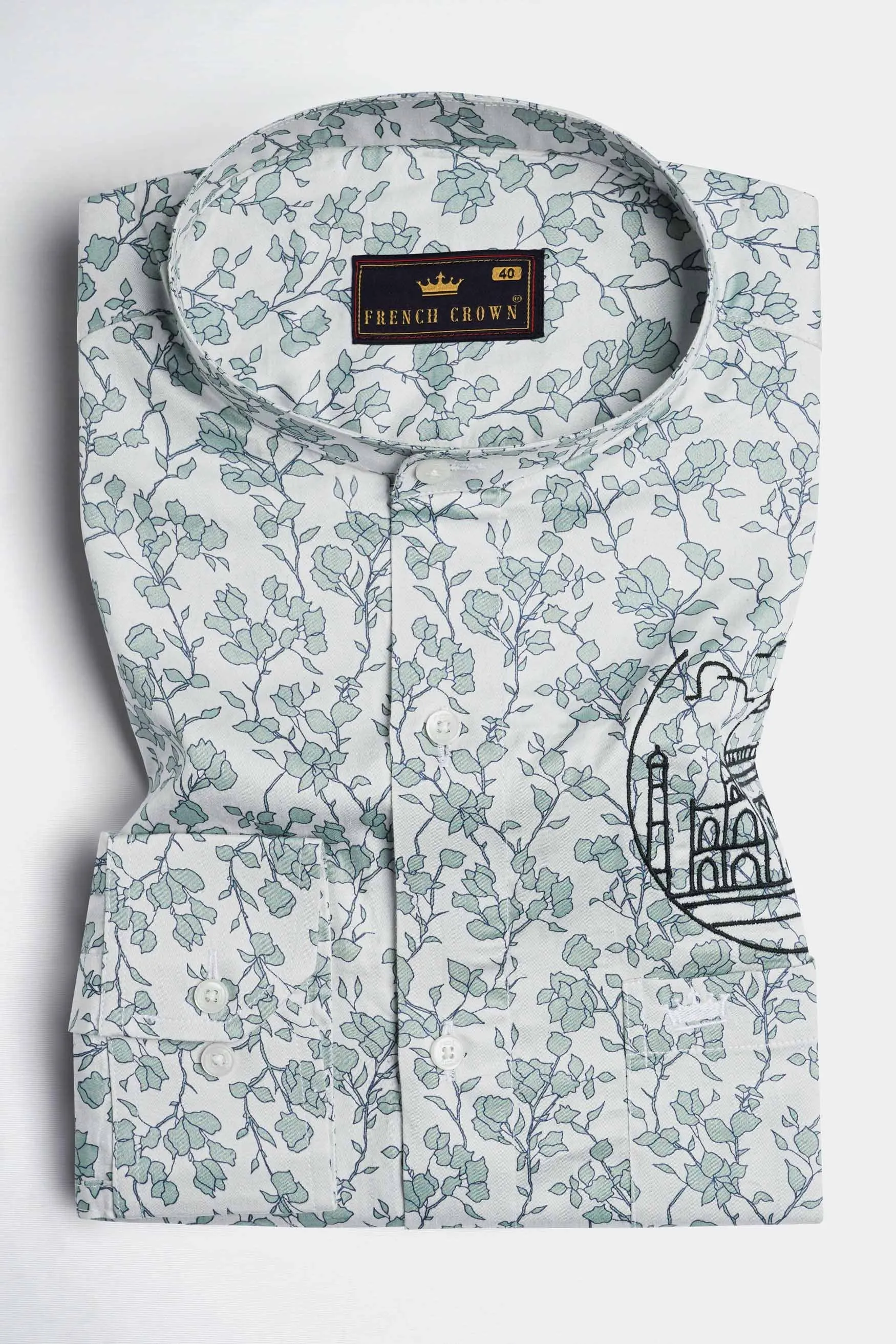 Gainsboro Gray and Tiara Green Leaves Printed with Taj Mahal Embroidered Super Soft Premium Cotton Designer Shirt sold by French Crown product image thumbnail 5