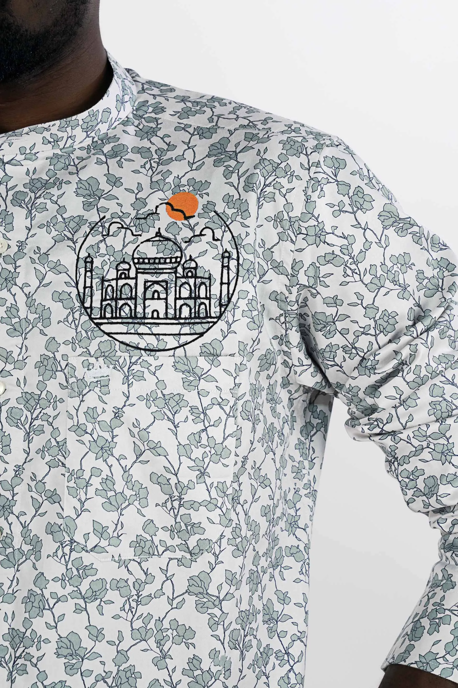 Gainsboro Gray and Tiara Green Leaves Printed with Taj Mahal Embroidered Super Soft Premium Cotton Designer Shirt sold by French Crown product image thumbnail 2