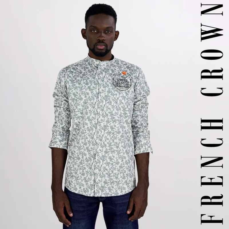 Gainsboro Gray and Tiara Green Leaves Printed with Taj Mahal Embroidered Super Soft Premium Cotton Designer Shirt sold by French Crown
