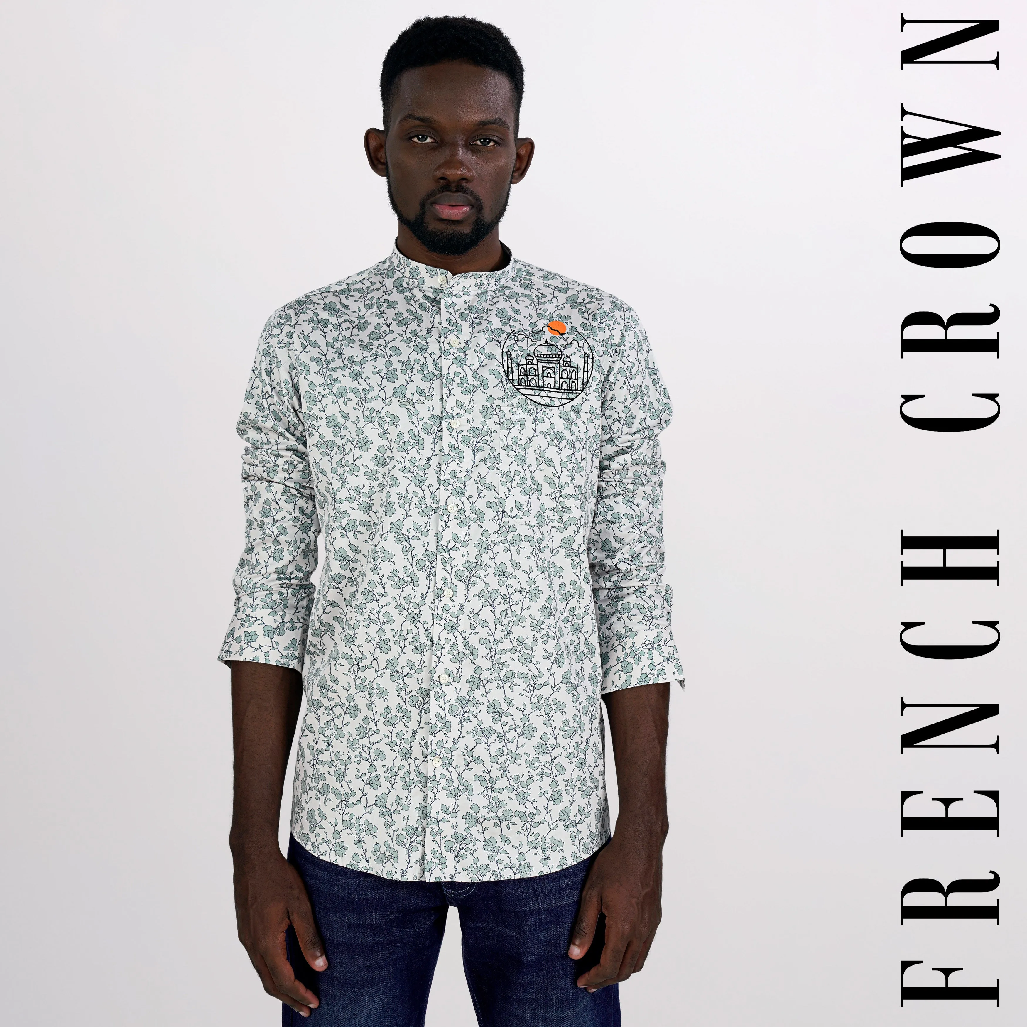 Gainsboro Gray and Tiara Green Leaves Printed with Taj Mahal Embroidered Super Soft Premium Cotton Designer Shirt sold by French Crown