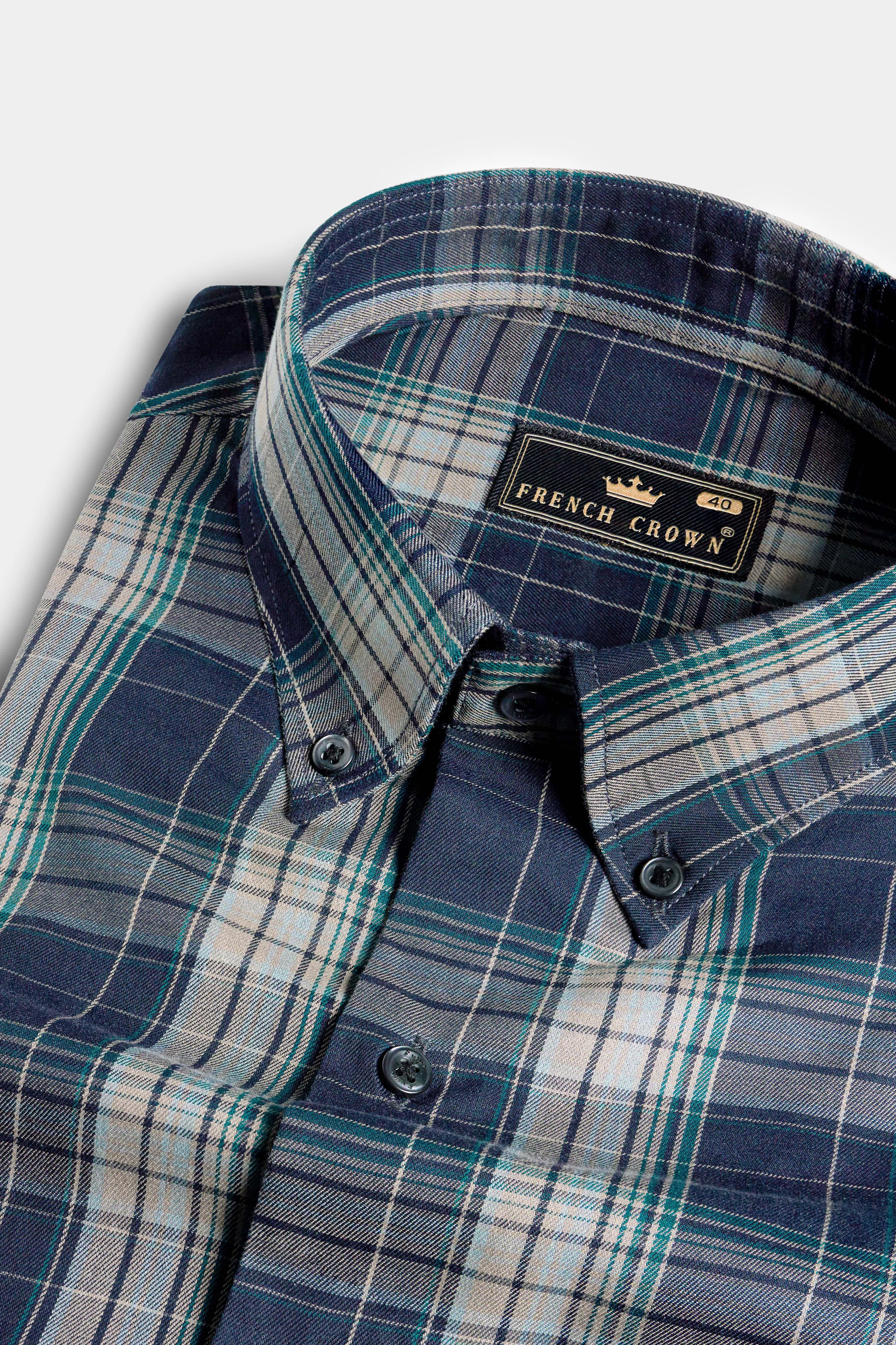 Ebony Clay Blue and Jour Cream Green Twill Plaid Premium Cotton Shirt sold by French Crown